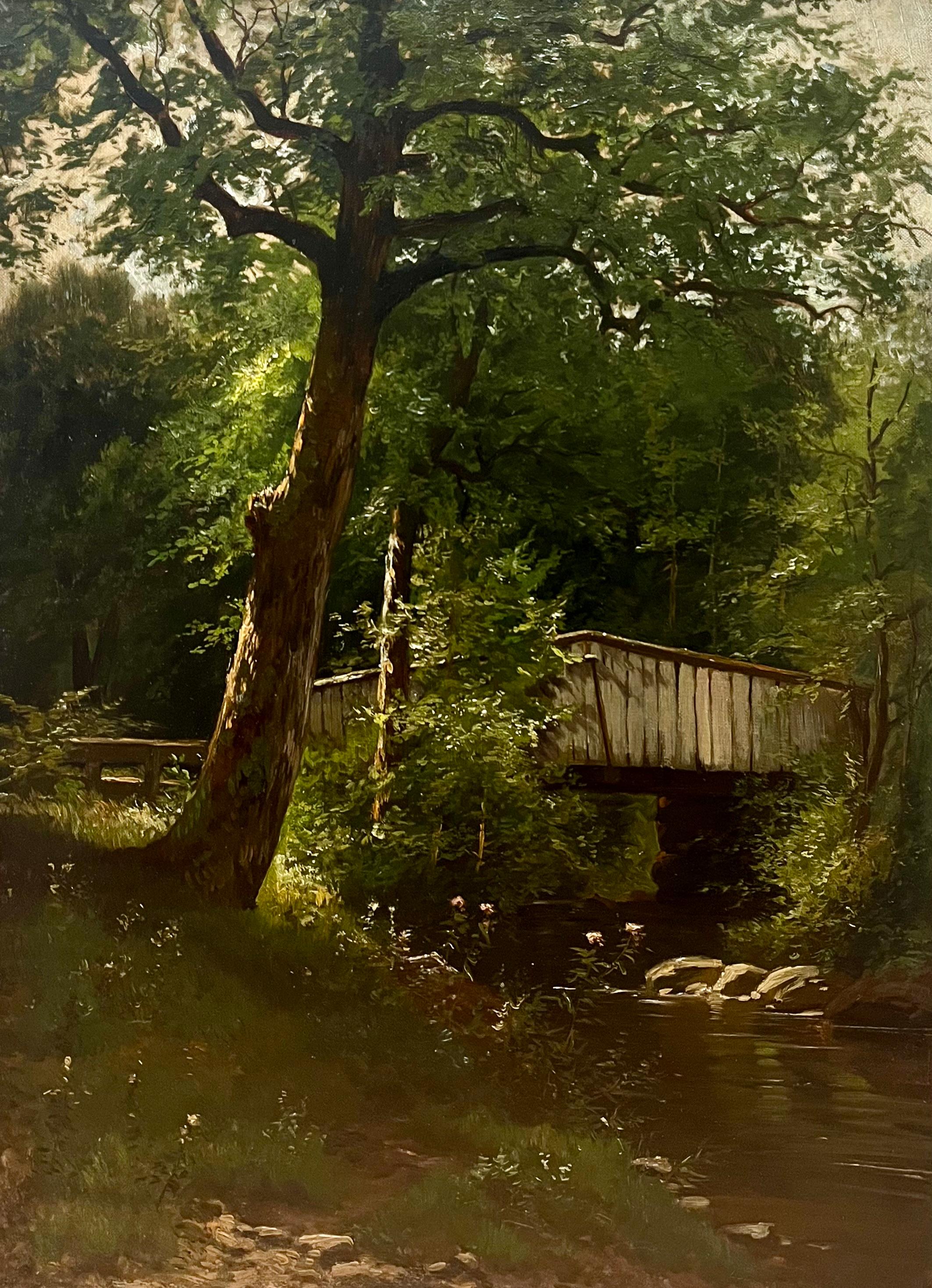 Landscape Painting de Unknown - Puente cubierto en lo profundo del bosque de Nueva Inglaterra