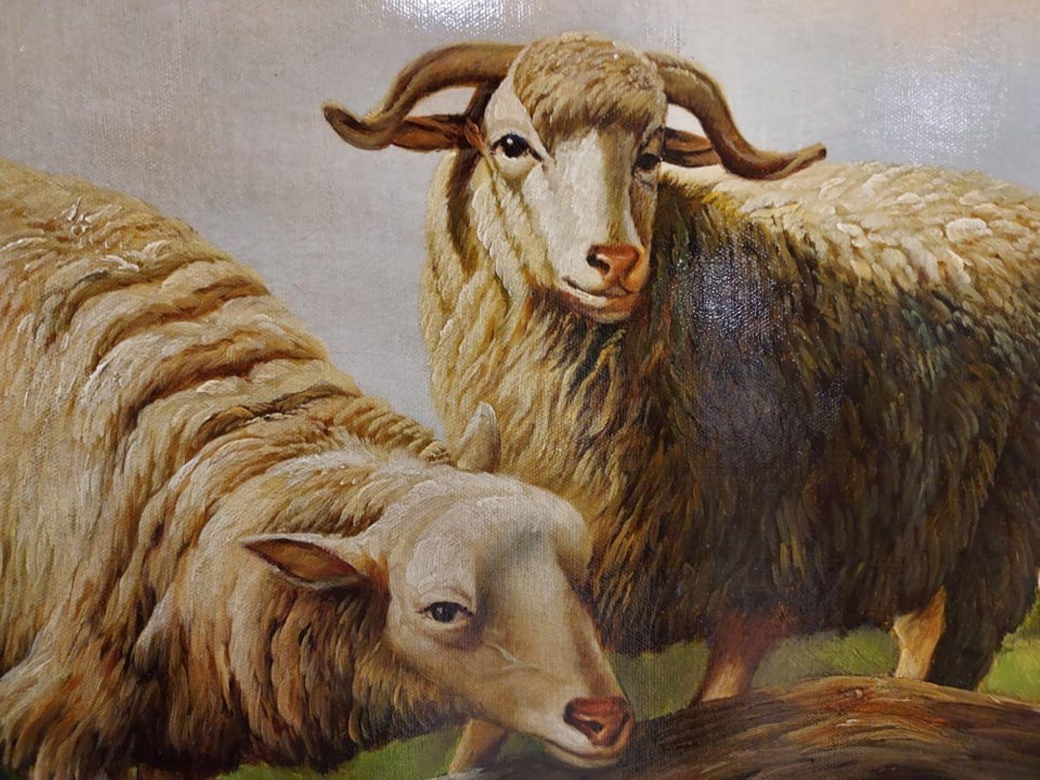 Sheep oil painting in gilt frame .
 painting in the style of Dutch painting close to Louis Pierre Verwee. Signature on the right at the bottom illegible