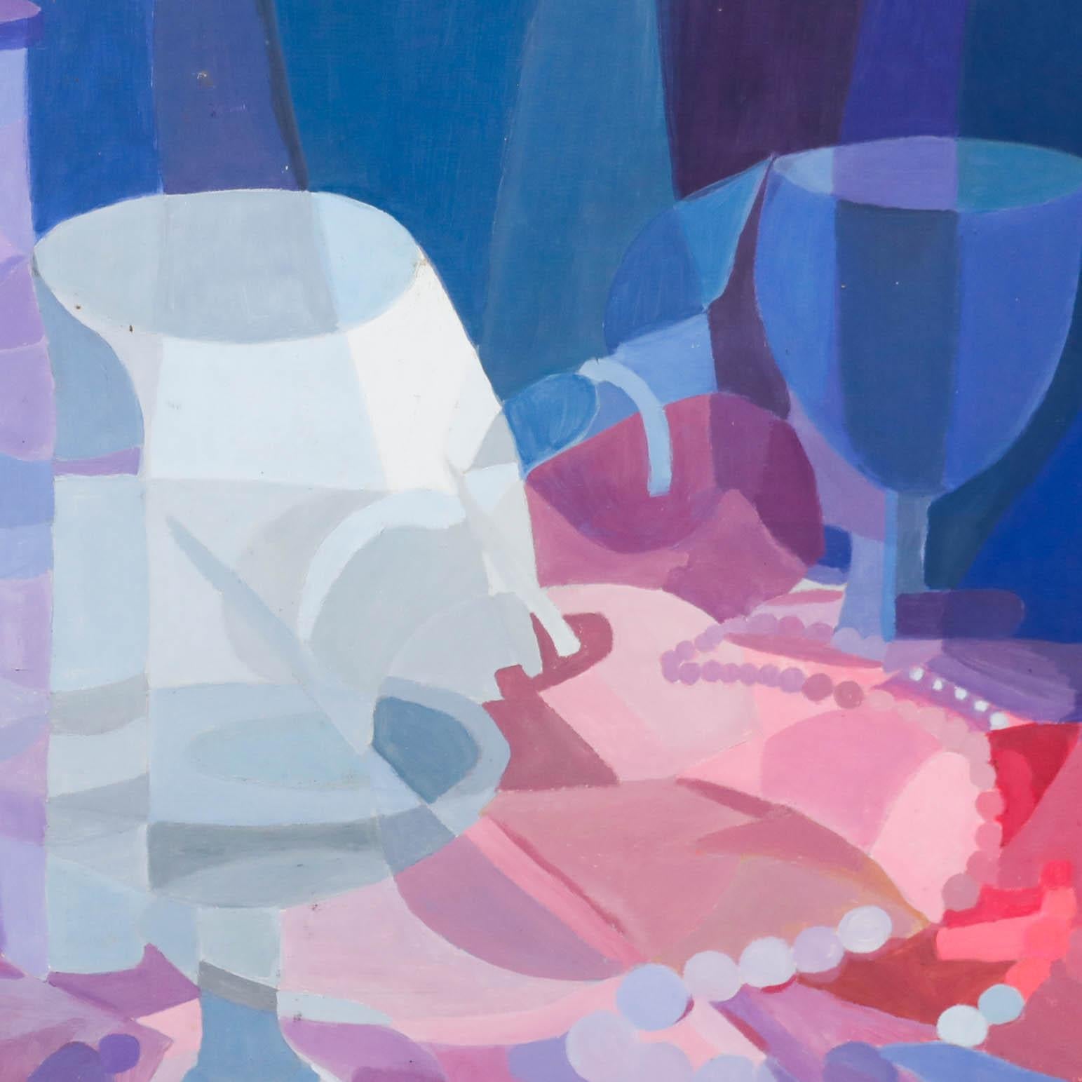 This striking cubist still life features a collection of objects rendered in soft, overlapping shapes. The interplay of translucent blues, purples, and pinks creates a dreamy atmosphere, while the subtle variations in form suggest glasses, bottles,