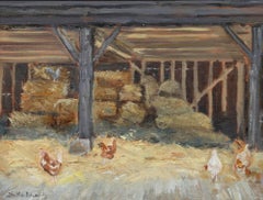 Sheila Edwards - Framed 20th Century Oil, Chickens in a Straw Barn