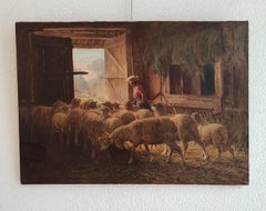 19th Century Antique Oil: Shepherdess and Sheep at the Sheepfold