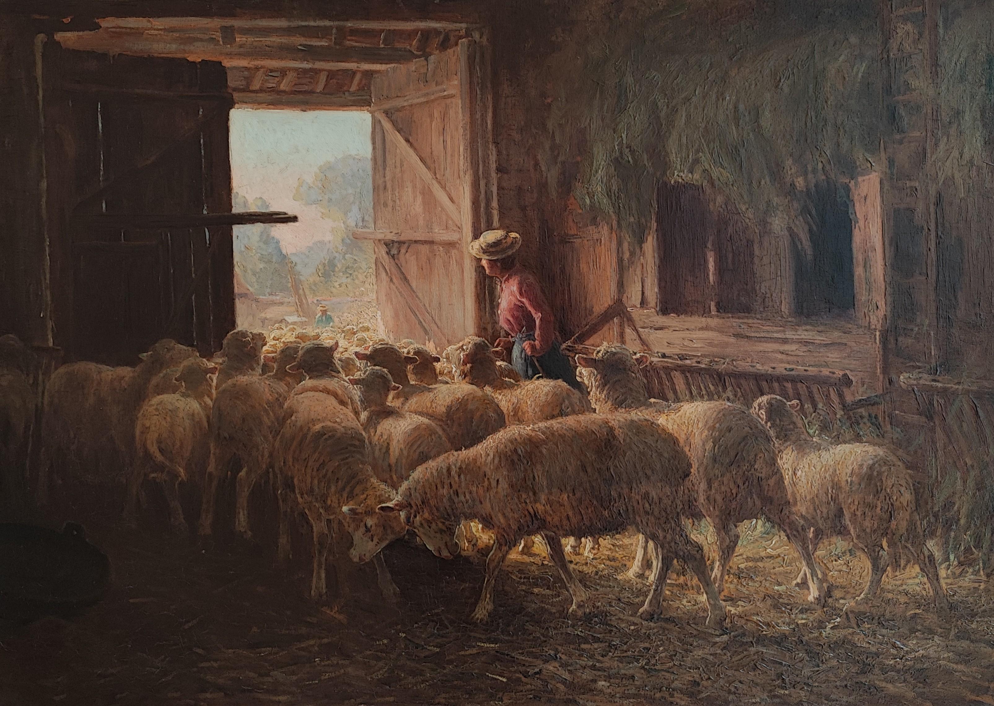 Unknown Landscape Painting - Shepherdess and sheep at the sheepfold