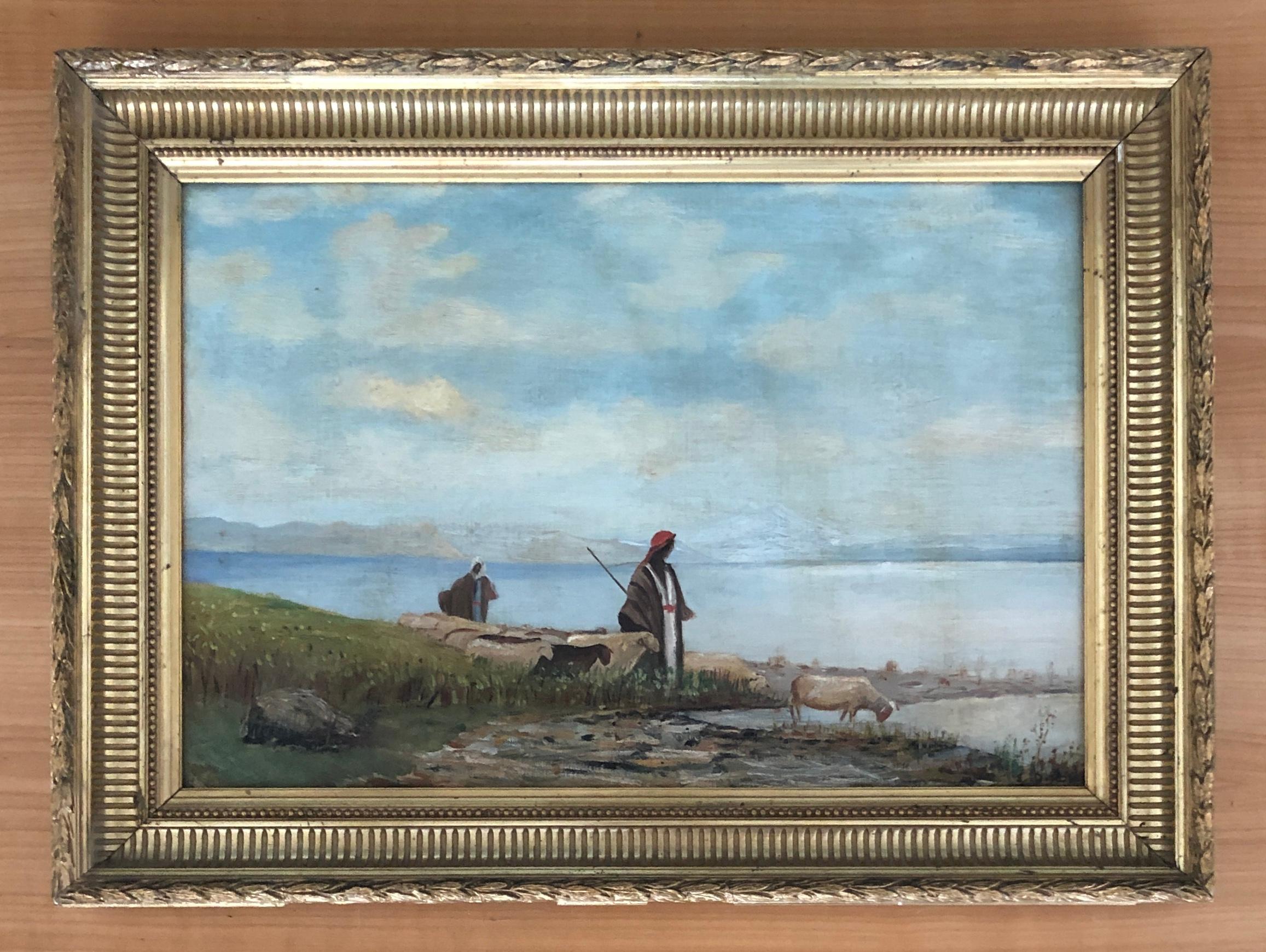 Shepherds and climb by a lake - Painting by Unknown