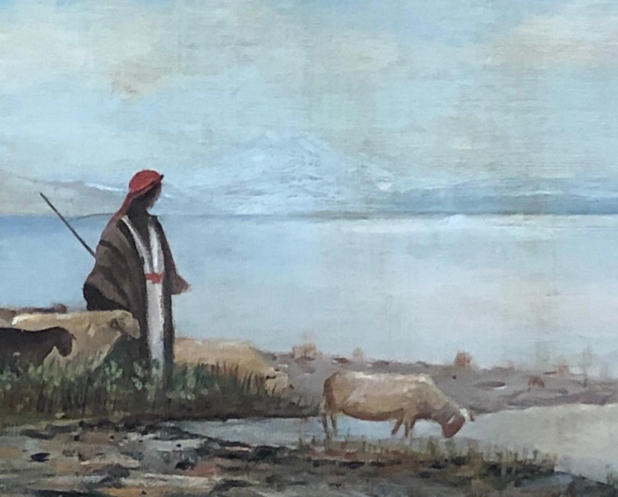 Shepherds and climb by a lake - Blue Animal Painting by Unknown