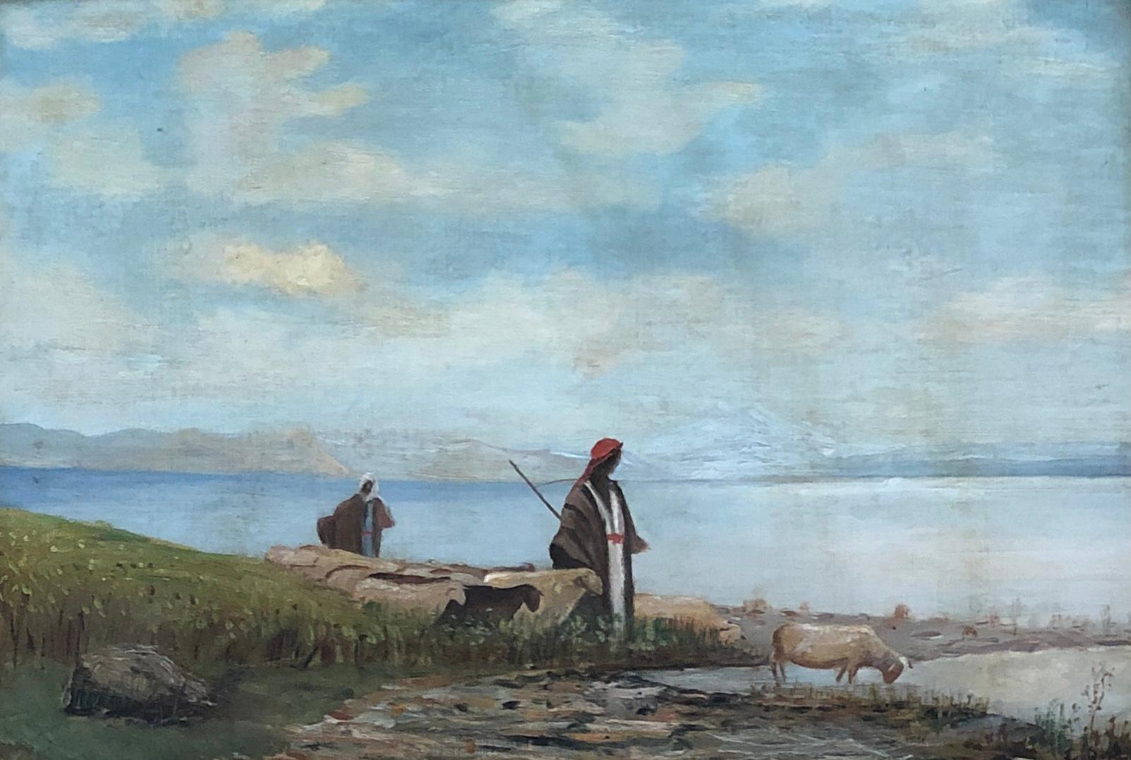 Animal Painting Unknown - Bergers et grimpeurs et grimpeurs au bord d'un lac