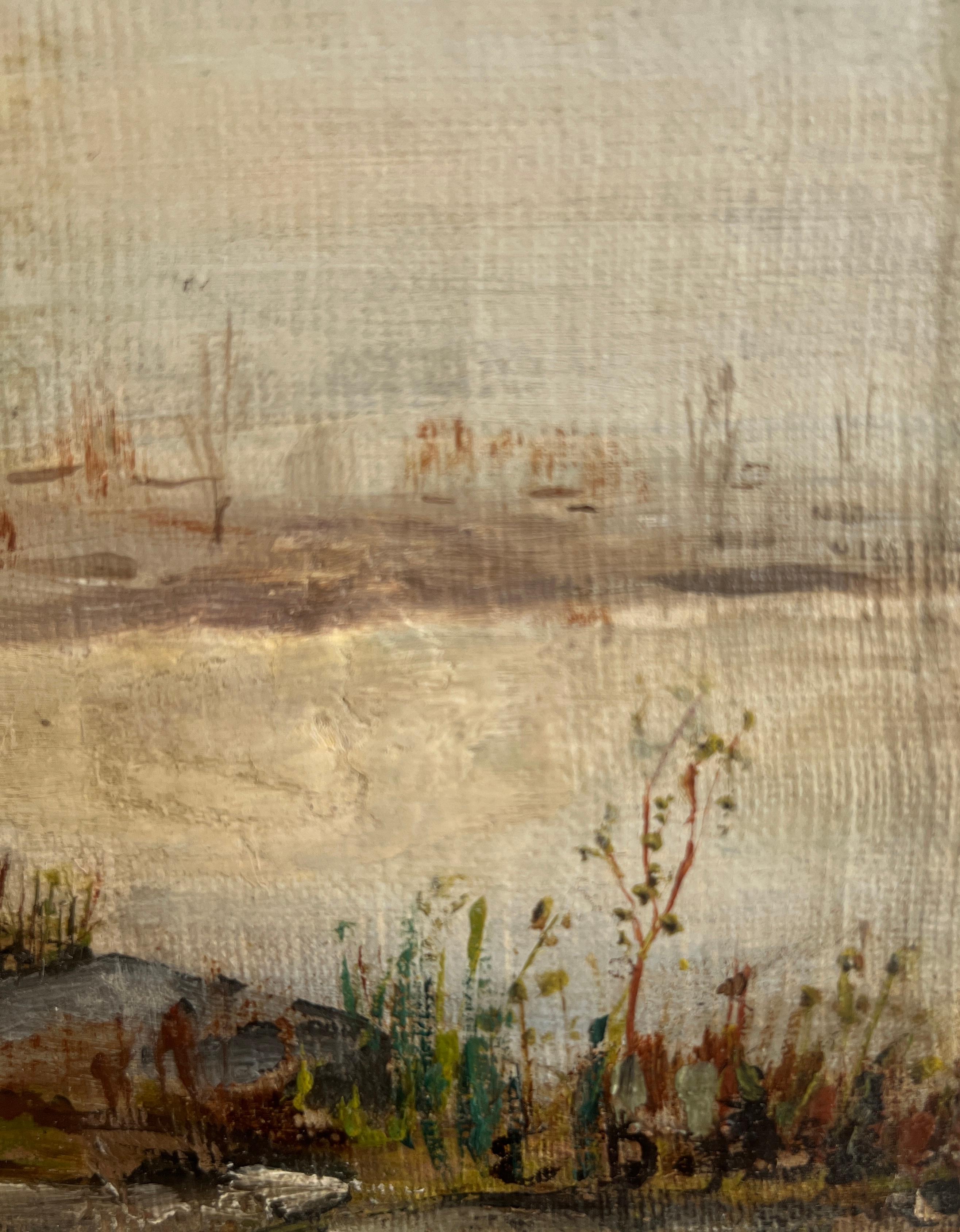 Pastori e pecore in riva al lago - Landscape Painting Marrone di Unknown