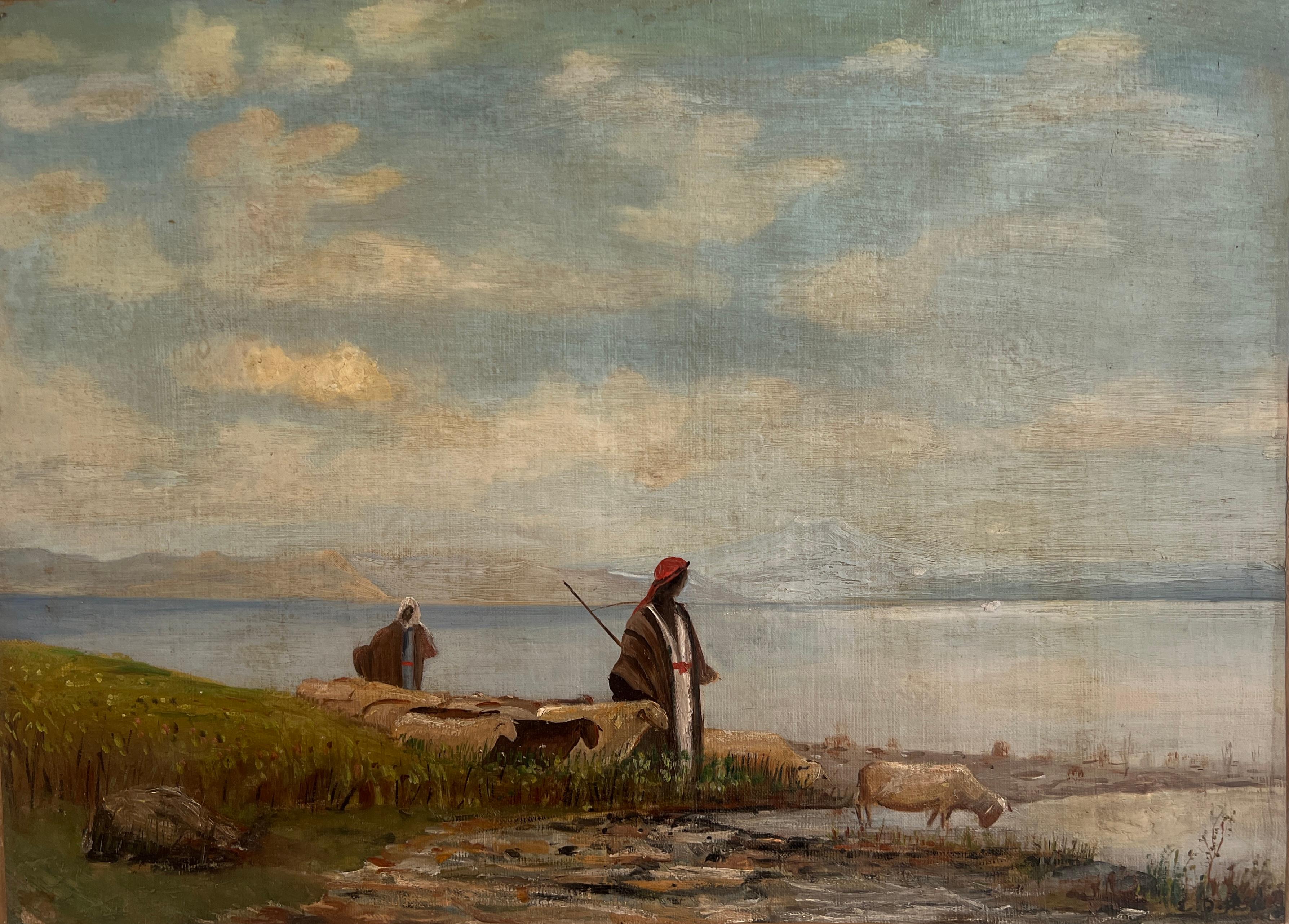 Unknown Landscape Painting - Shepherds and sheep by a lake