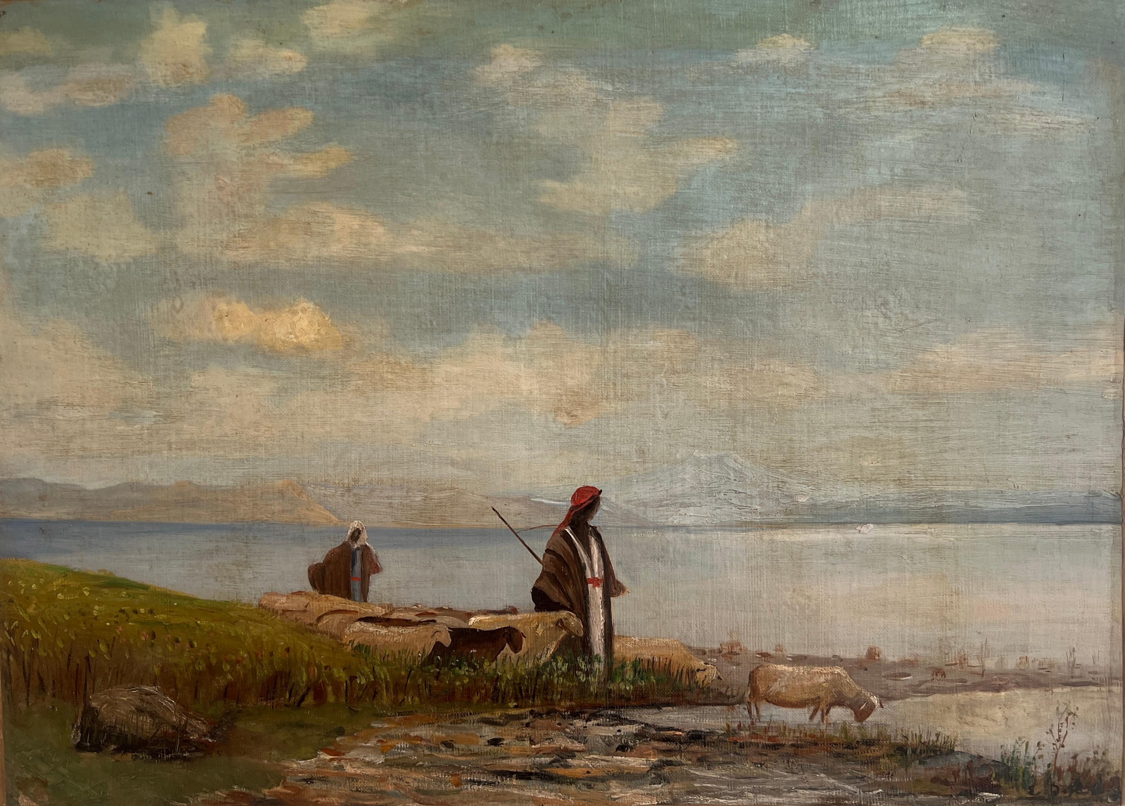 Hirten und Schafe an einem See
