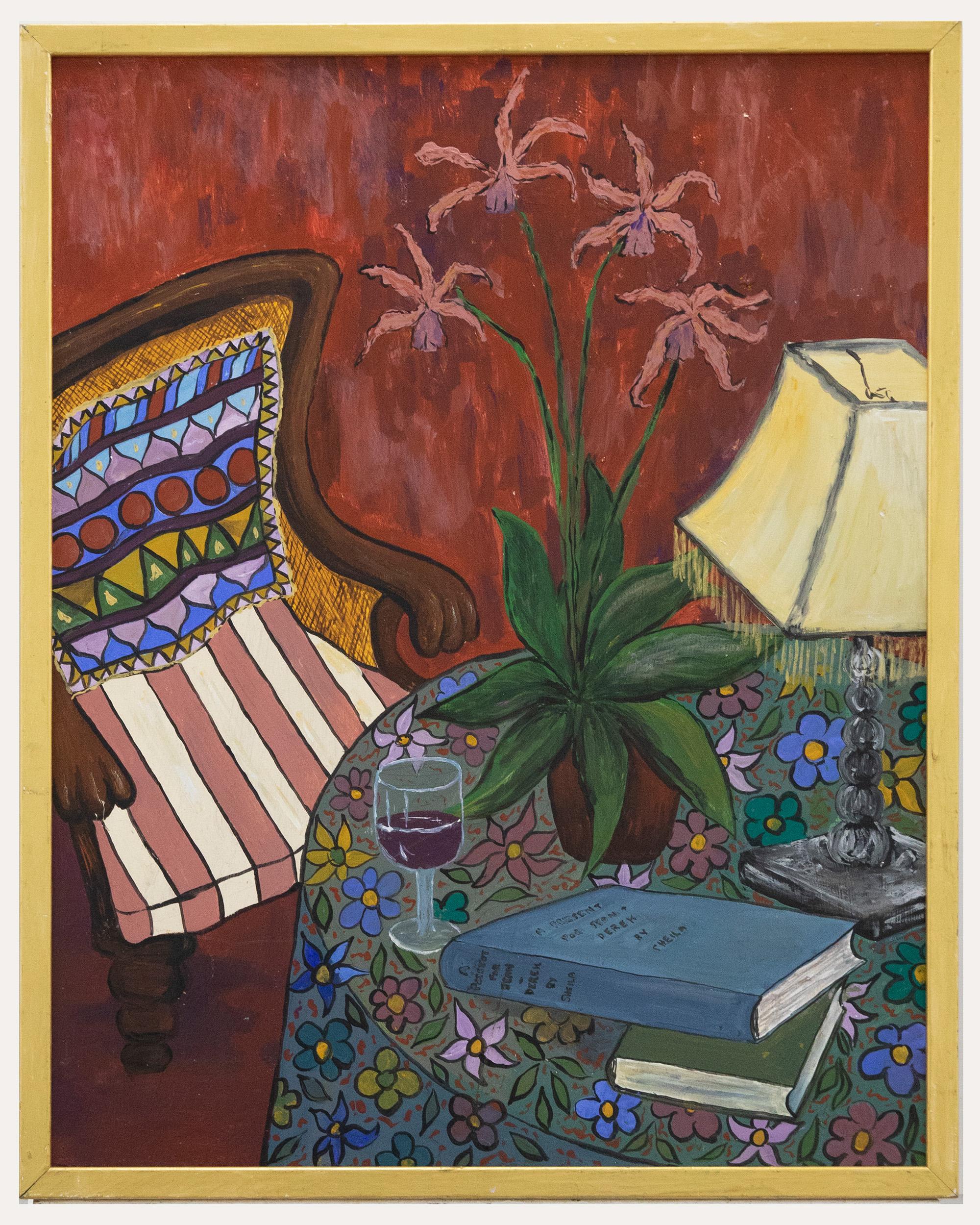 Unknown Still-Life Painting - Shiela - Double Sided 2003 Acrylic, Red Interior with Orchid