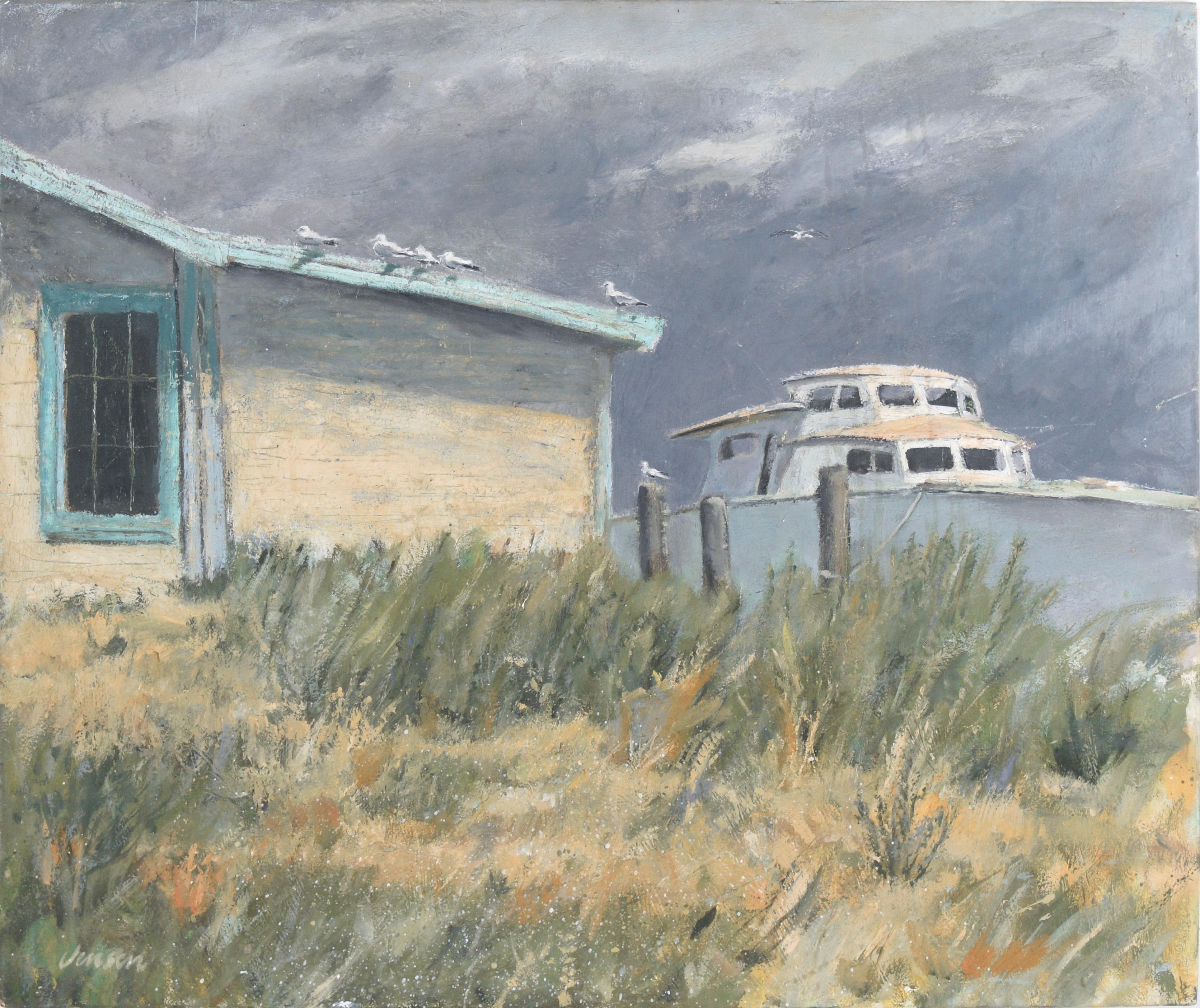 Ship and  Boathouse with seagulls - Coastal Landscape Oil on Masonite by Jensen - Painting by Unknown
