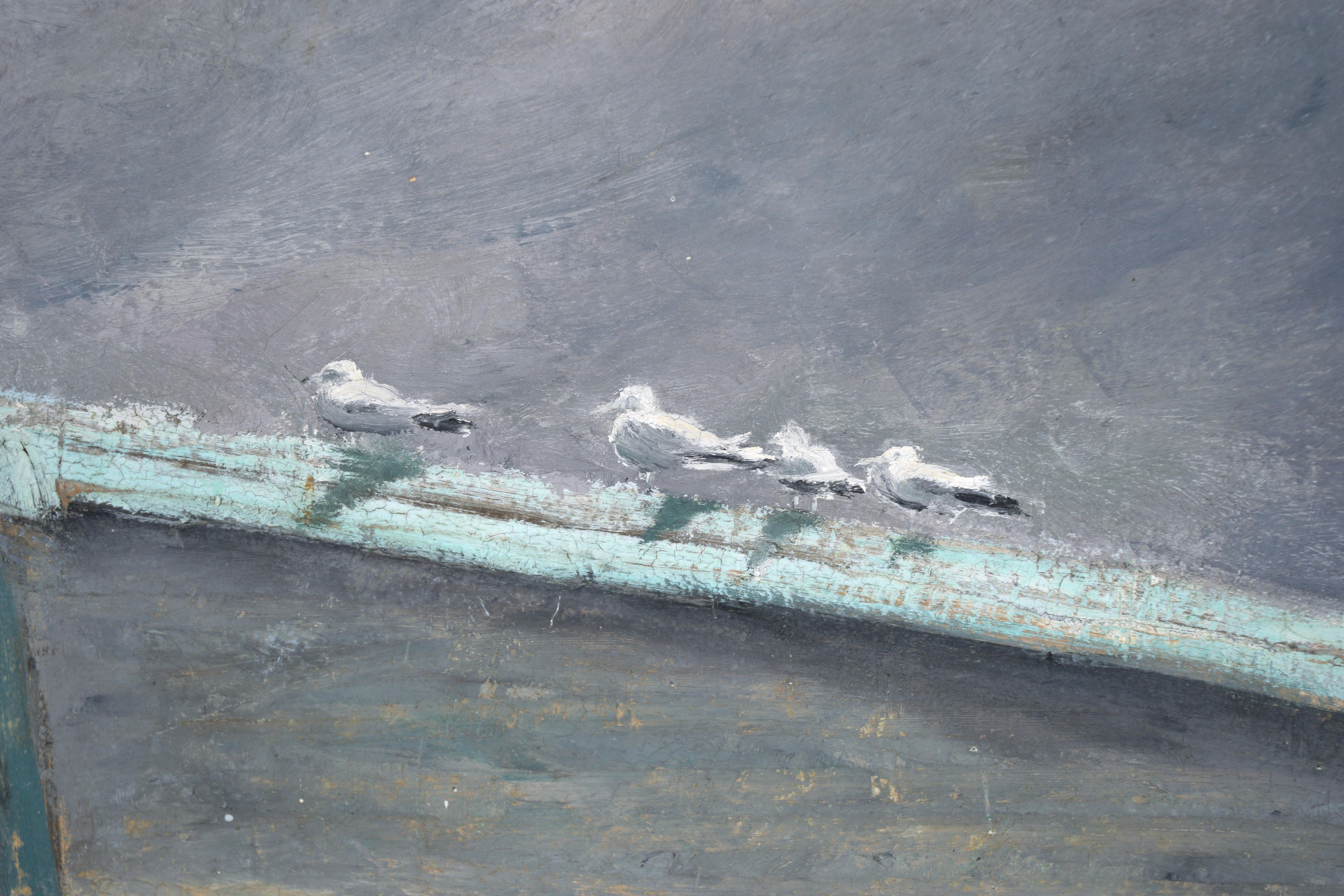 Barco y  Casa flotante con gaviotas - Paisaje costero Óleo sobre masonita por Jensen - Painting impresionista estadounidense de Unknown