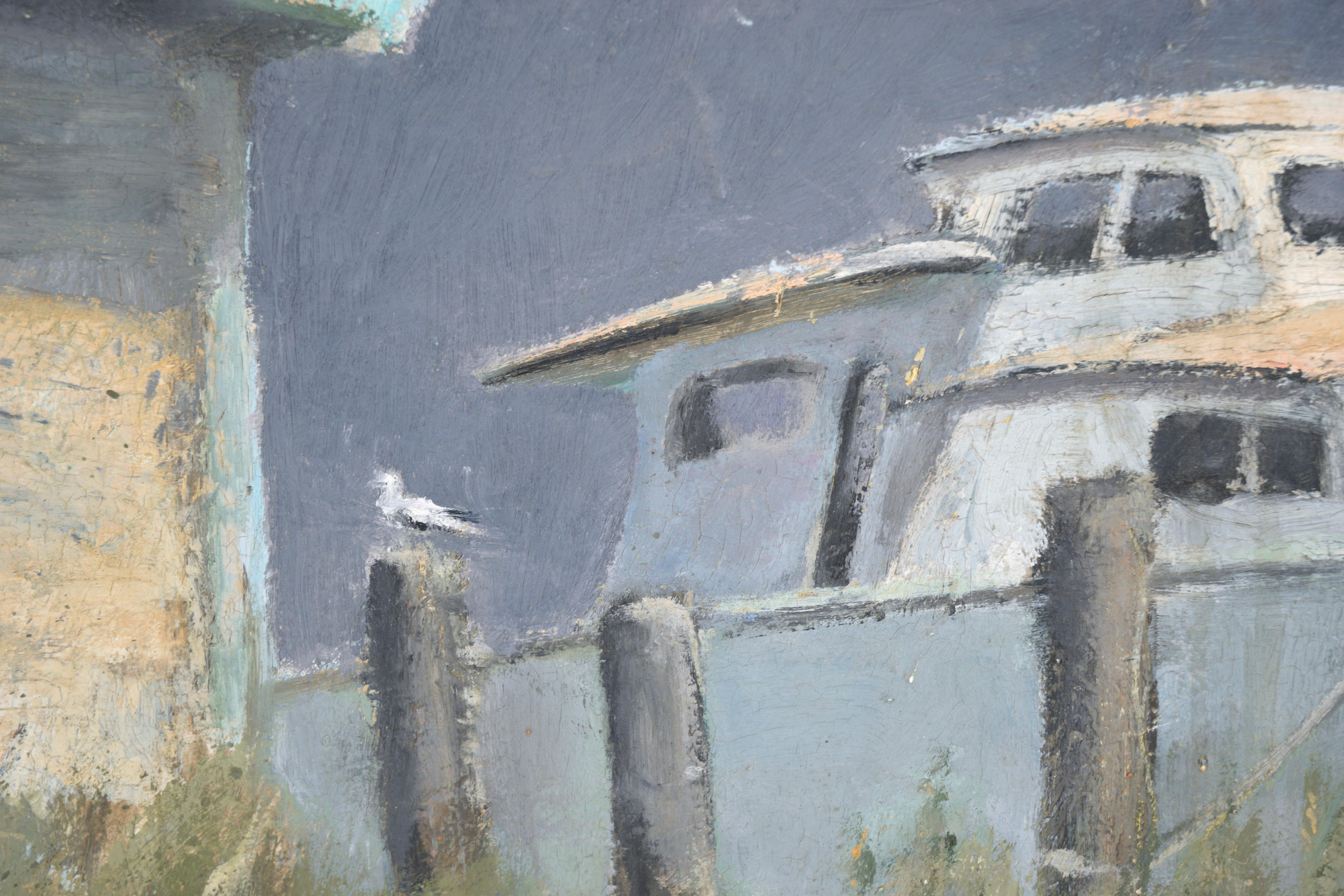 Barco y cobertizo para botes - Paisaje costero al óleo sobre masonita

Dramática representación de un barco y una casa por el artista desconocido 
