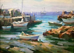 "Ship and Boats" Harbor Scene Impressionist Oil Painting Style of Emile Gruppe