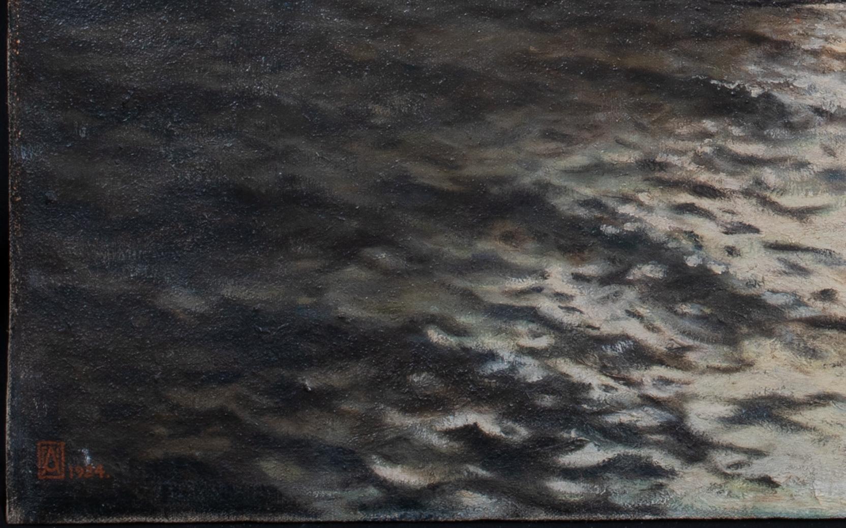 Ship Sailing In The Moonlight - Black Landscape Painting by Unknown