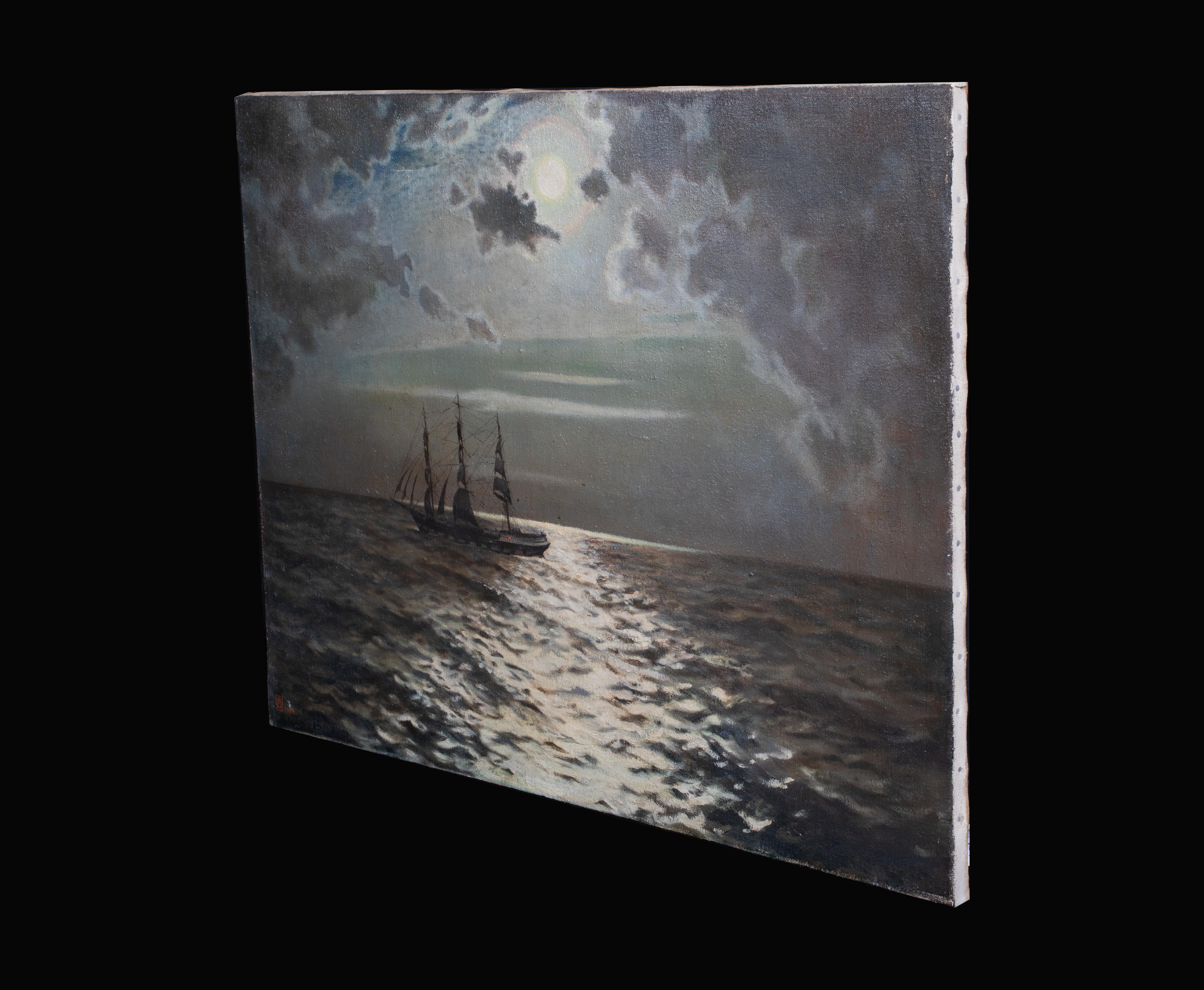 Ship Sailing In The Moonlight

Monogrammed indistinctly - FA? - dates 1924

Large 1924 British School moonlit coastal scene of a ship wailing at night on calm waters, oil on canvas signed. Superb quality and good condition with one scuff. Singed and