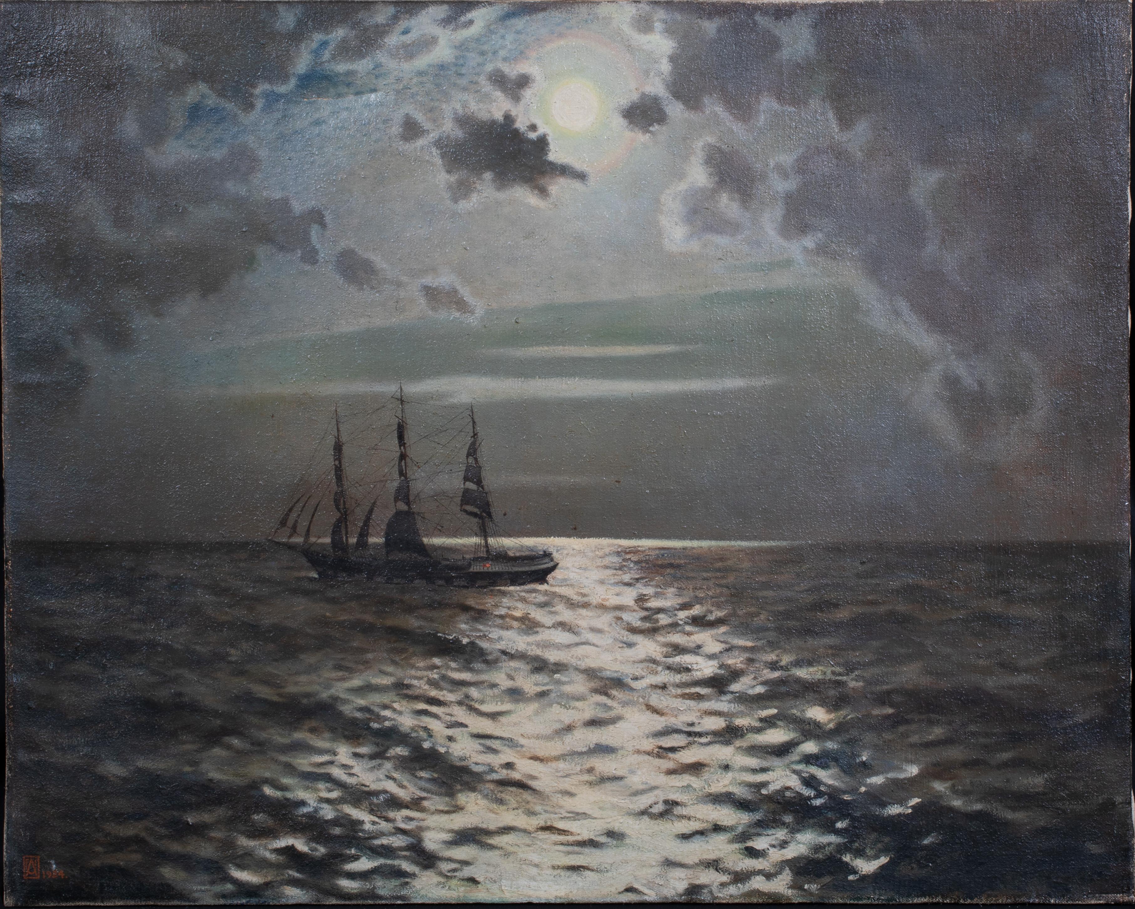 Unknown Landscape Painting - Ship Sailing In The Moonlight