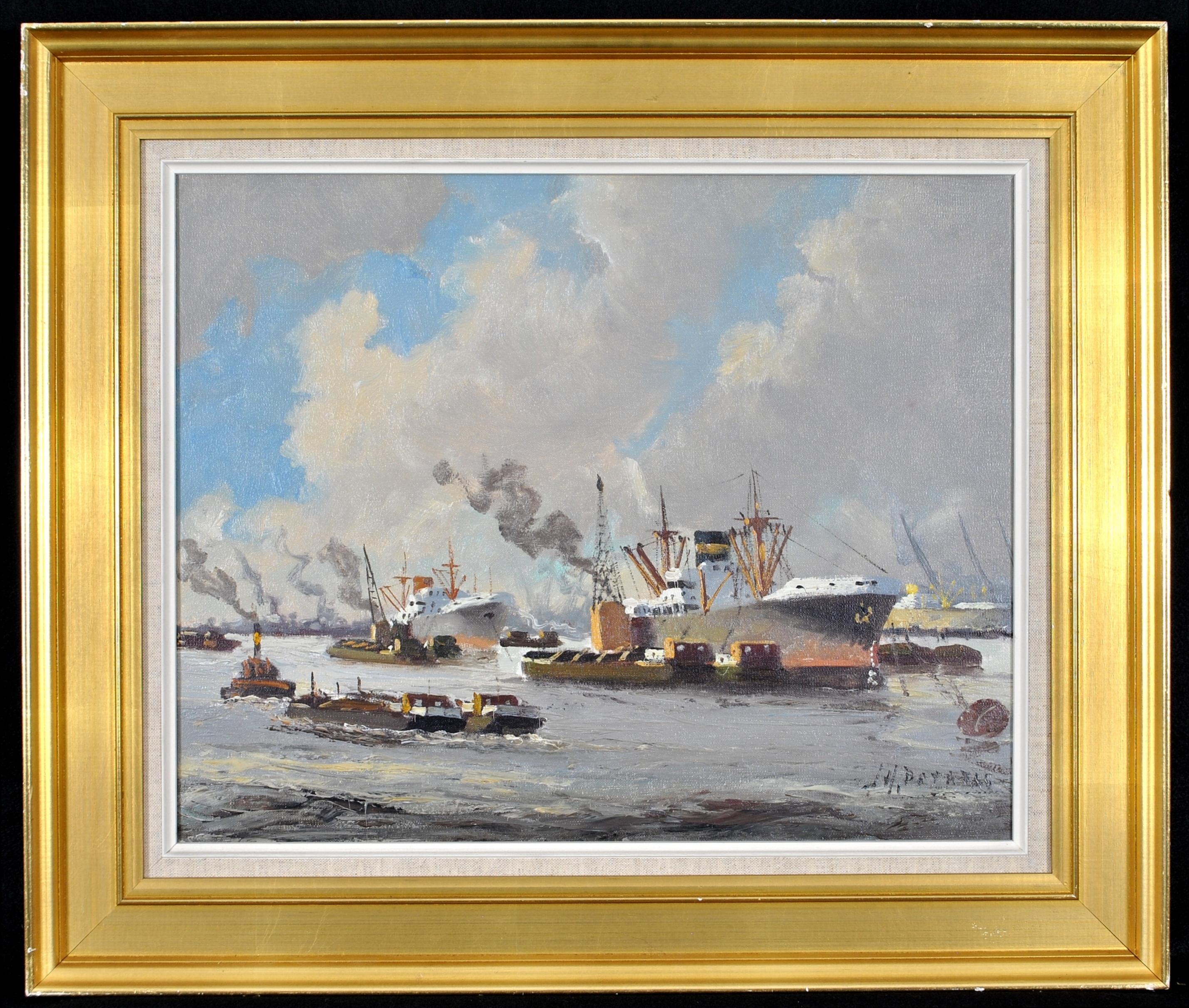 Unknown Landscape Painting - Shipping off the Coast - 20th Century Danish Ships Boats Scandinavian Painting