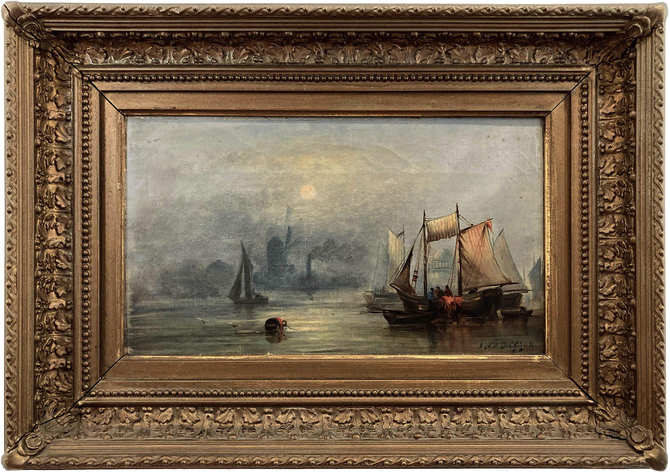 Unknown Figurative Painting - "Ships at Sea" In the style of J. M. W Turner 19th Century American Oil Painting