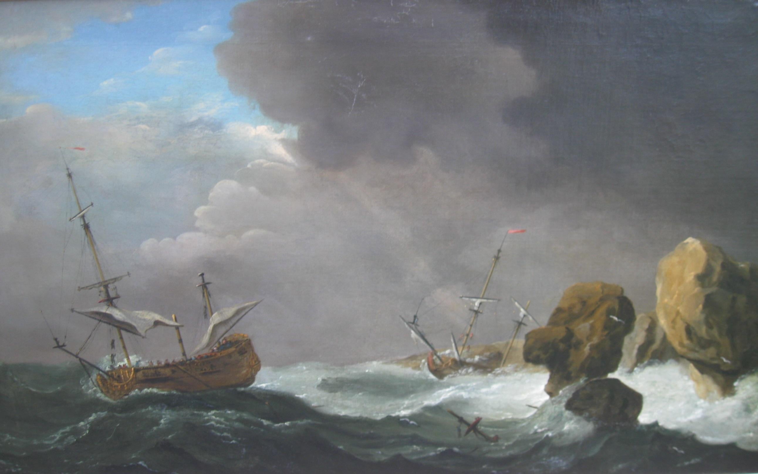 Unknown Landscape Painting - 'Ships in Distress' 18th Century Old Master Marine Seascape oil on canvas c1750