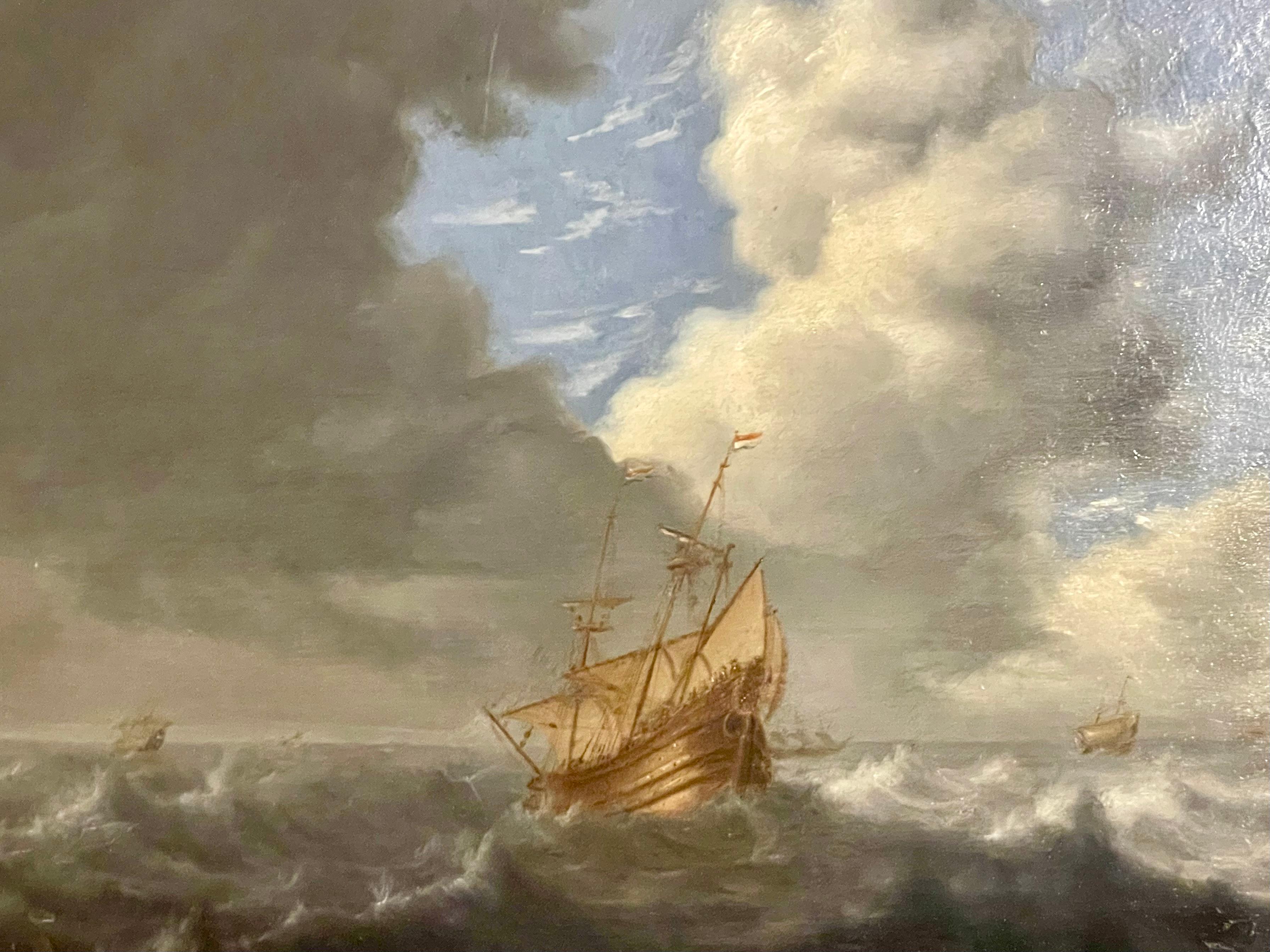 Dutch ships on rough seas 17th Century - Painting by Unknown