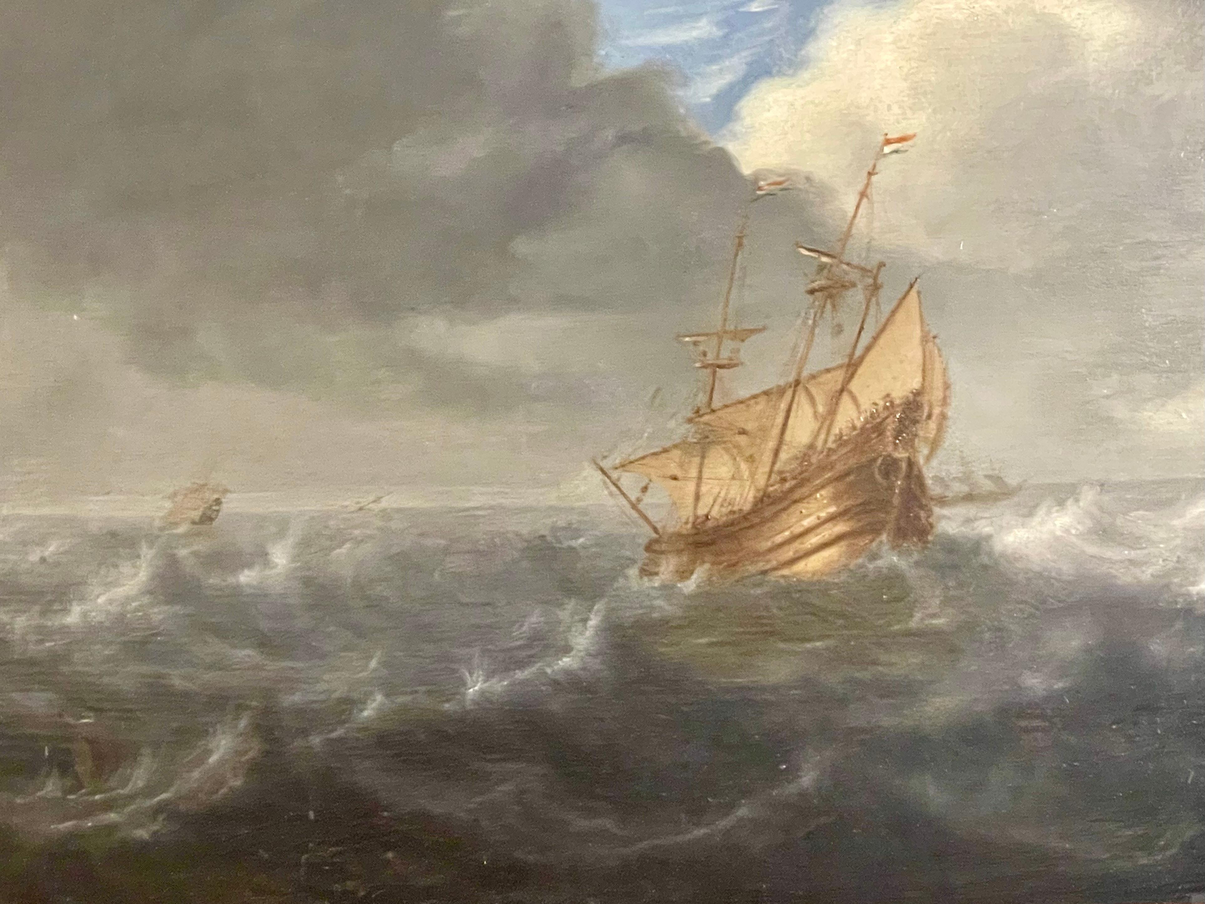 Navires hollandais sur une mer agitée 17e siècle - École hollandaise Painting par Unknown