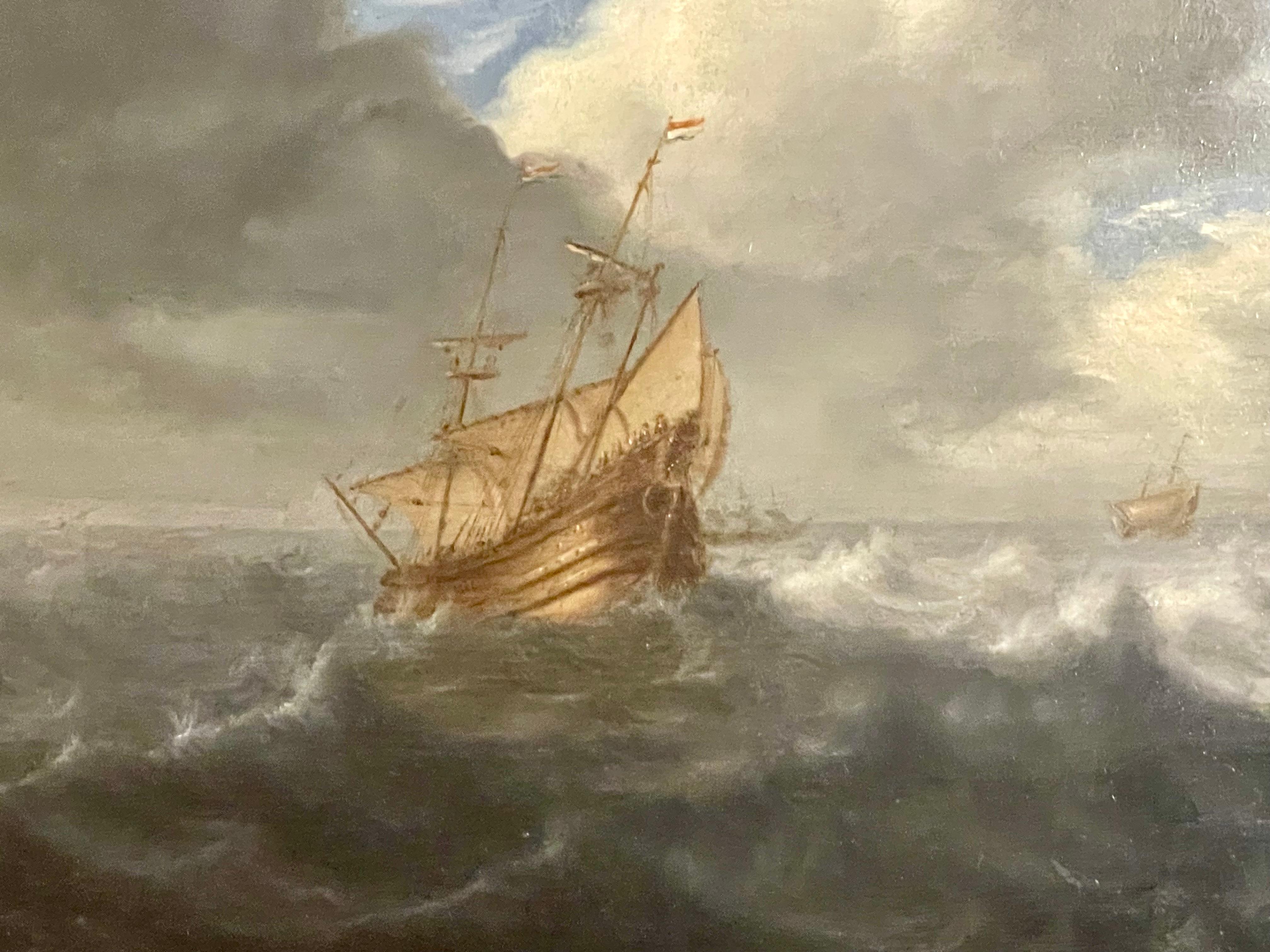 Navires hollandais sur une mer agitée 17e siècle - Marron Landscape Painting par Unknown