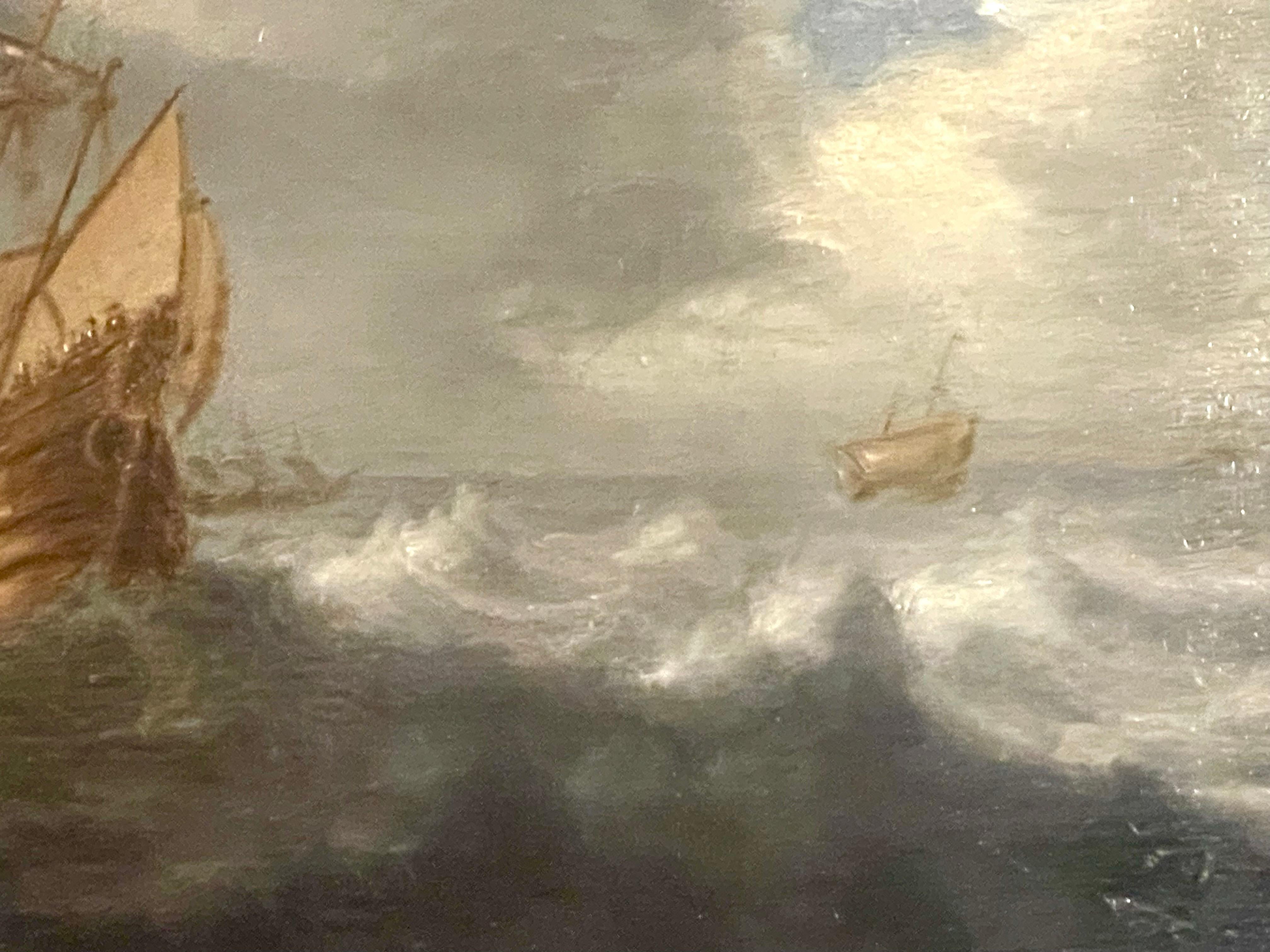 Dutch School, 17th century oil painting on board, this work features a golden ship on blue seas with white crests against a stormy clouded sky.  In the distance more ships can be seen, and a spot of blue sky gives the stormy clouds relief.  Light