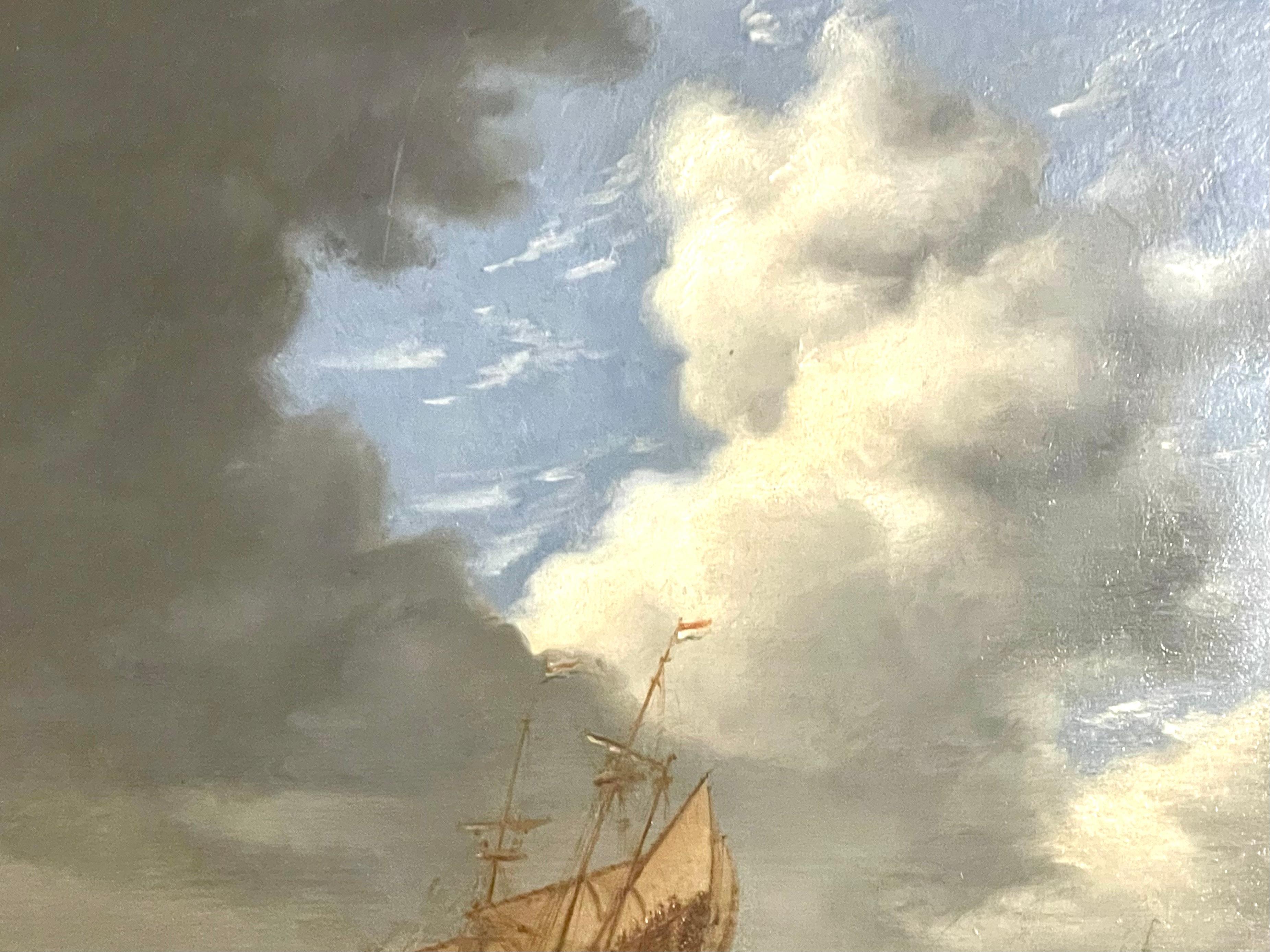 Dutch School, 17th century oil painting on board, this work features a golden ship on blue seas with white crests against a stormy clouded sky.  In the distance more ships can be seen, and a spot of blue sky gives the stormy clouds relief.  Light