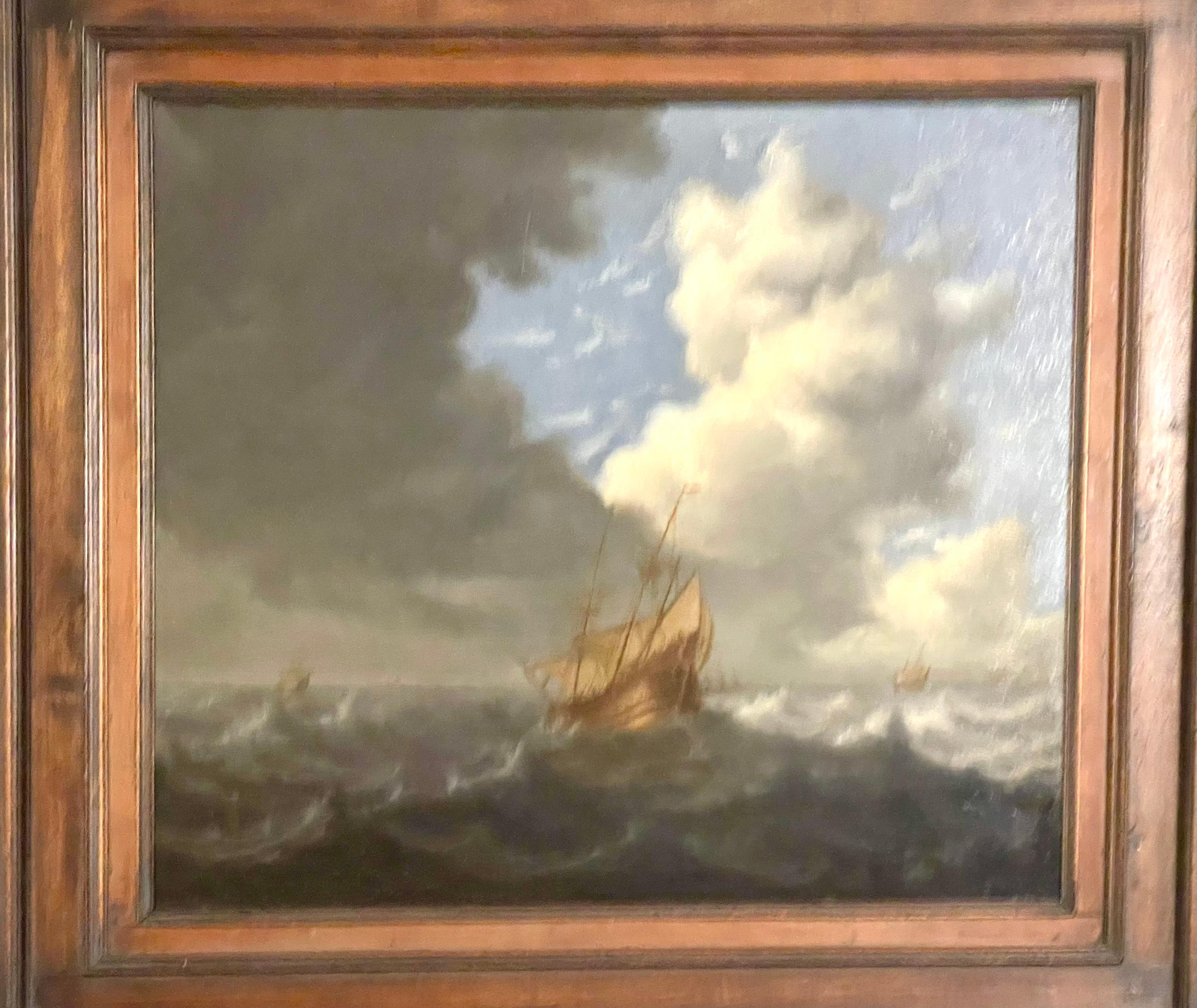 Unknown Landscape Painting - Dutch ships on rough seas 17th Century