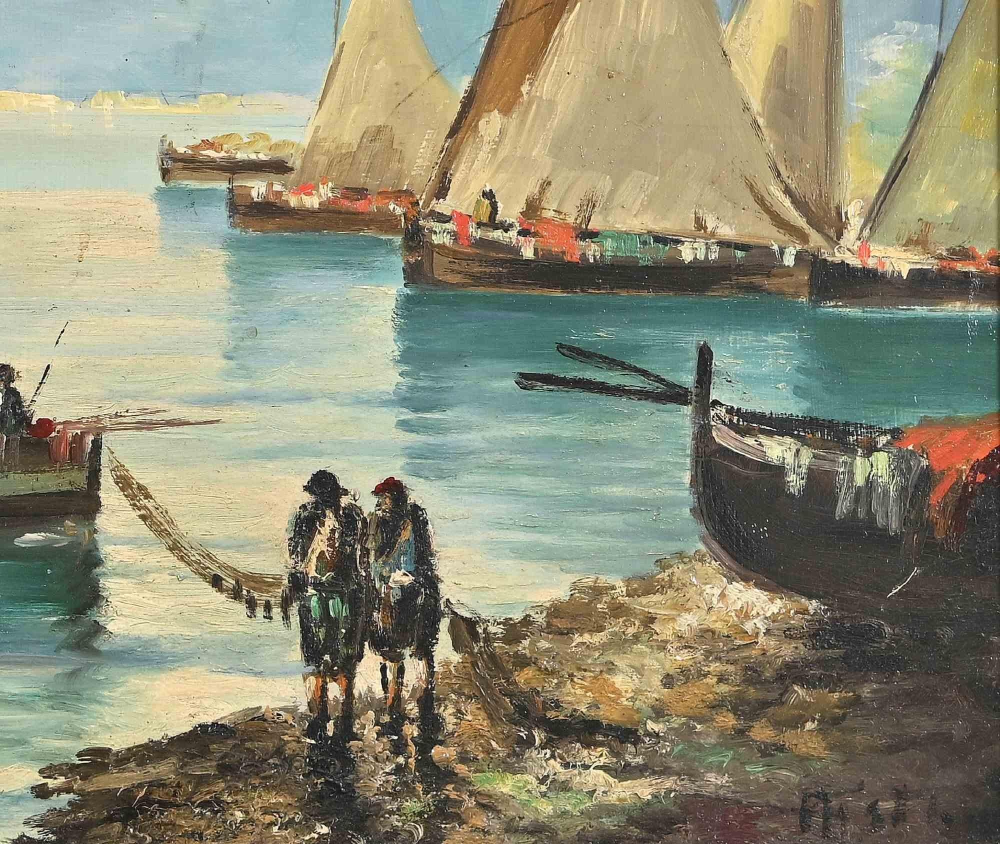 Ships in the Gulf of Naples- Oil Painting - Mid-20th Century - Gray Figurative Painting by Unknown