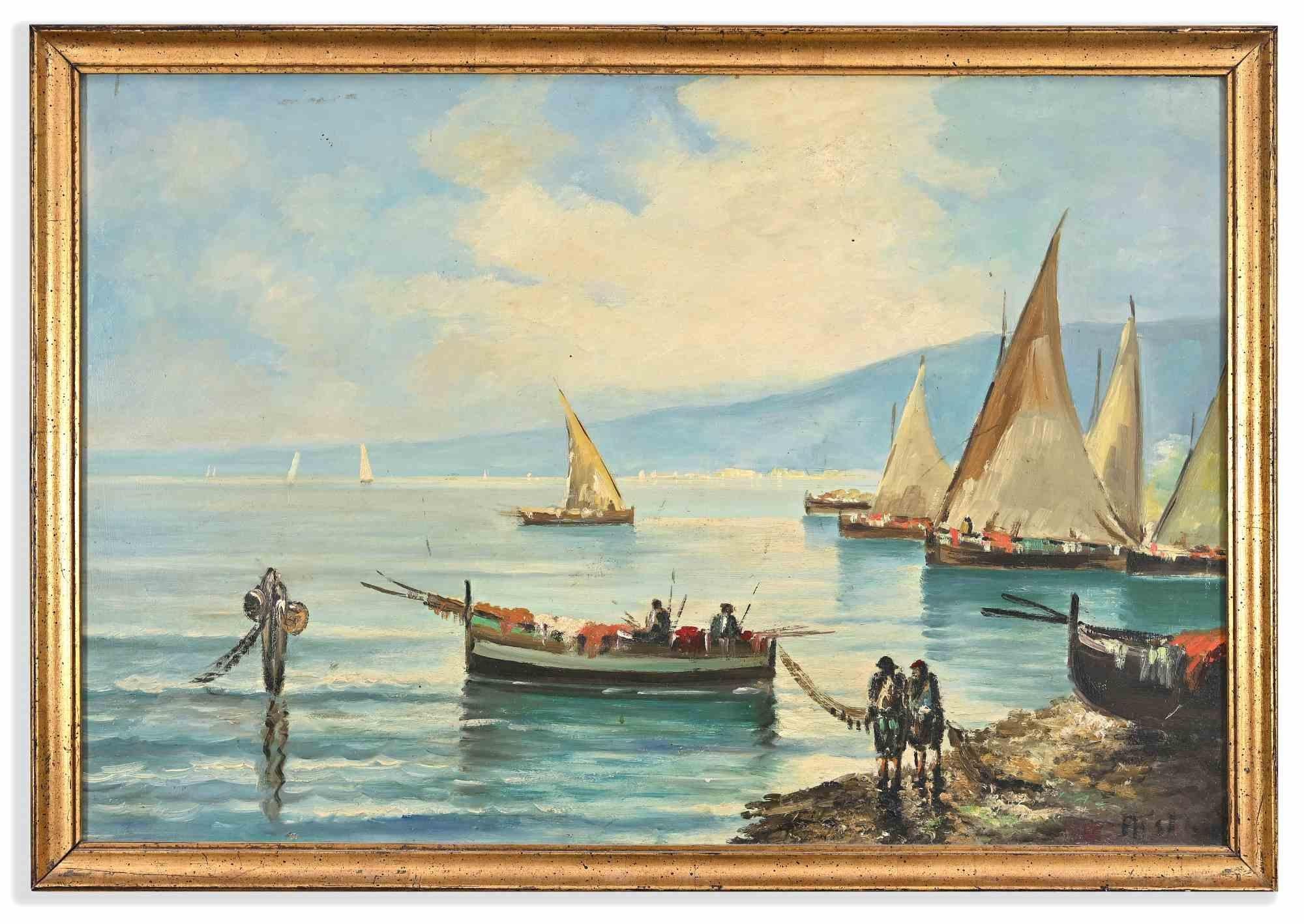 Unknown Figurative Painting - Ships in the Gulf of Naples- Oil Painting - Mid-20th Century