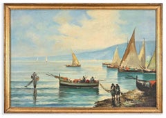 Ships in the Gulf of Naples- Oil Painting - Mid-20th Century