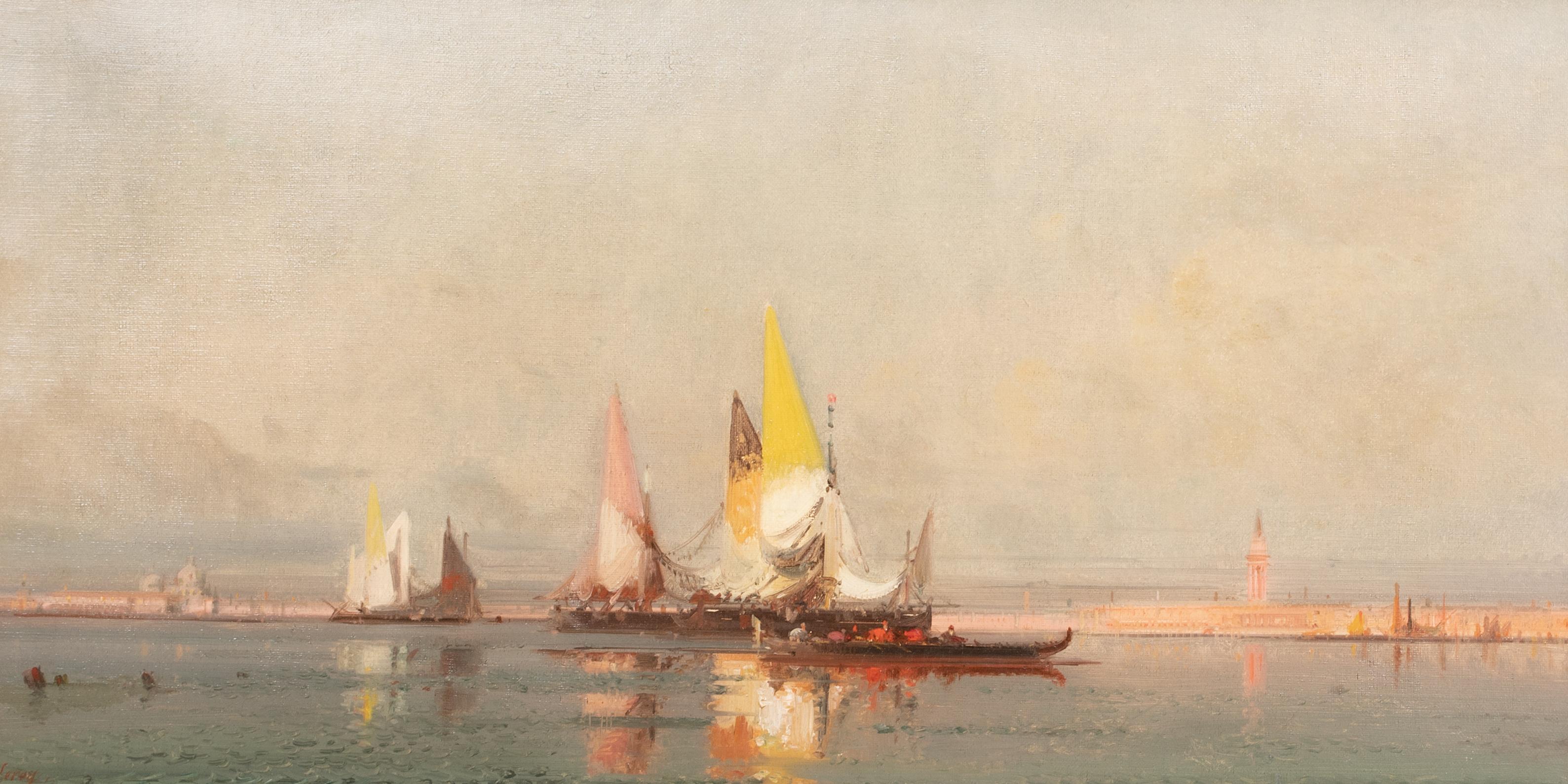 Ships Sailing In A Venice Lagon At Sunset, 19th Century

by Etienne Leroy (1828-1876) 

Large 19th Century Venetian Sunset view of ships sailing across the lagoon, oil on canvas by Etienne Leroy. Excellent quality and condition example of the
