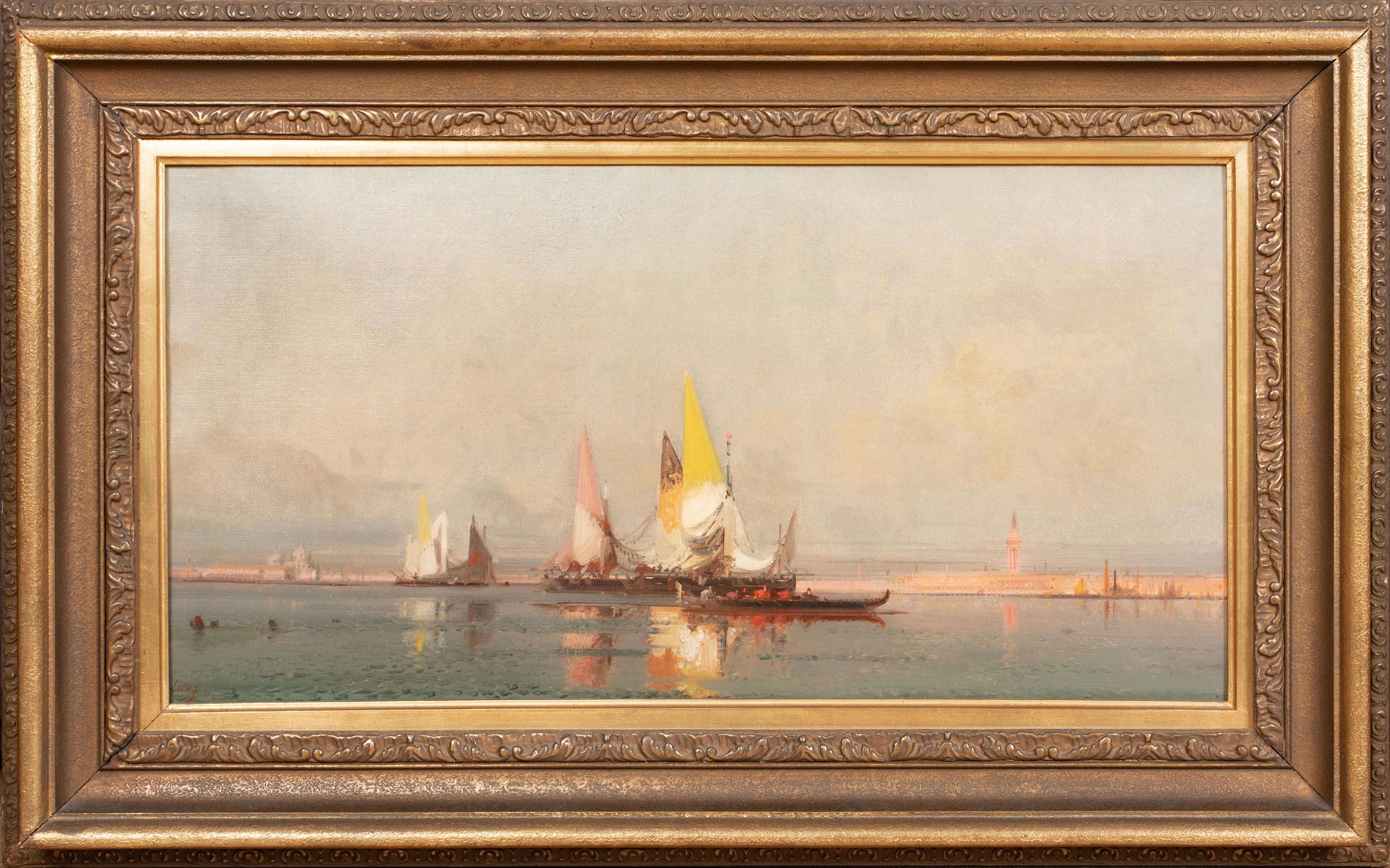 Unknown Portrait Painting - Ships Sailing In A Venice Lagon At Sunset 19th Century Etienne Leroy (1828-1876)
