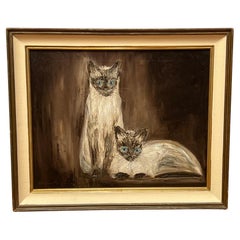 Vintage "Siamese Twins" Post-Impressionist Animal Oil Portrait of Two Cats 