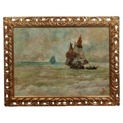 Antique Sicilian Boats in Harbor Oil on Canvas