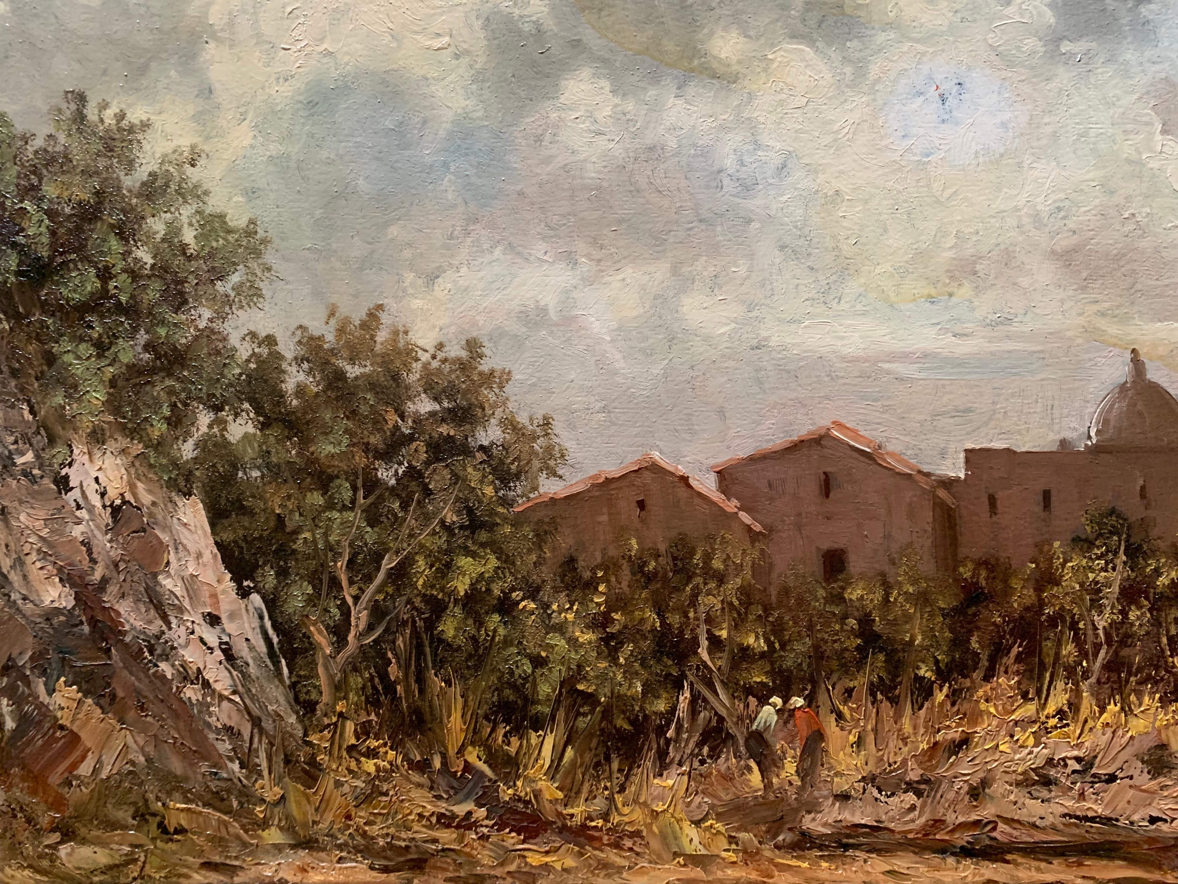 Sicilian Landscape With Peasants In The Vineyard. Mid XX Century - Realist Painting by Unknown