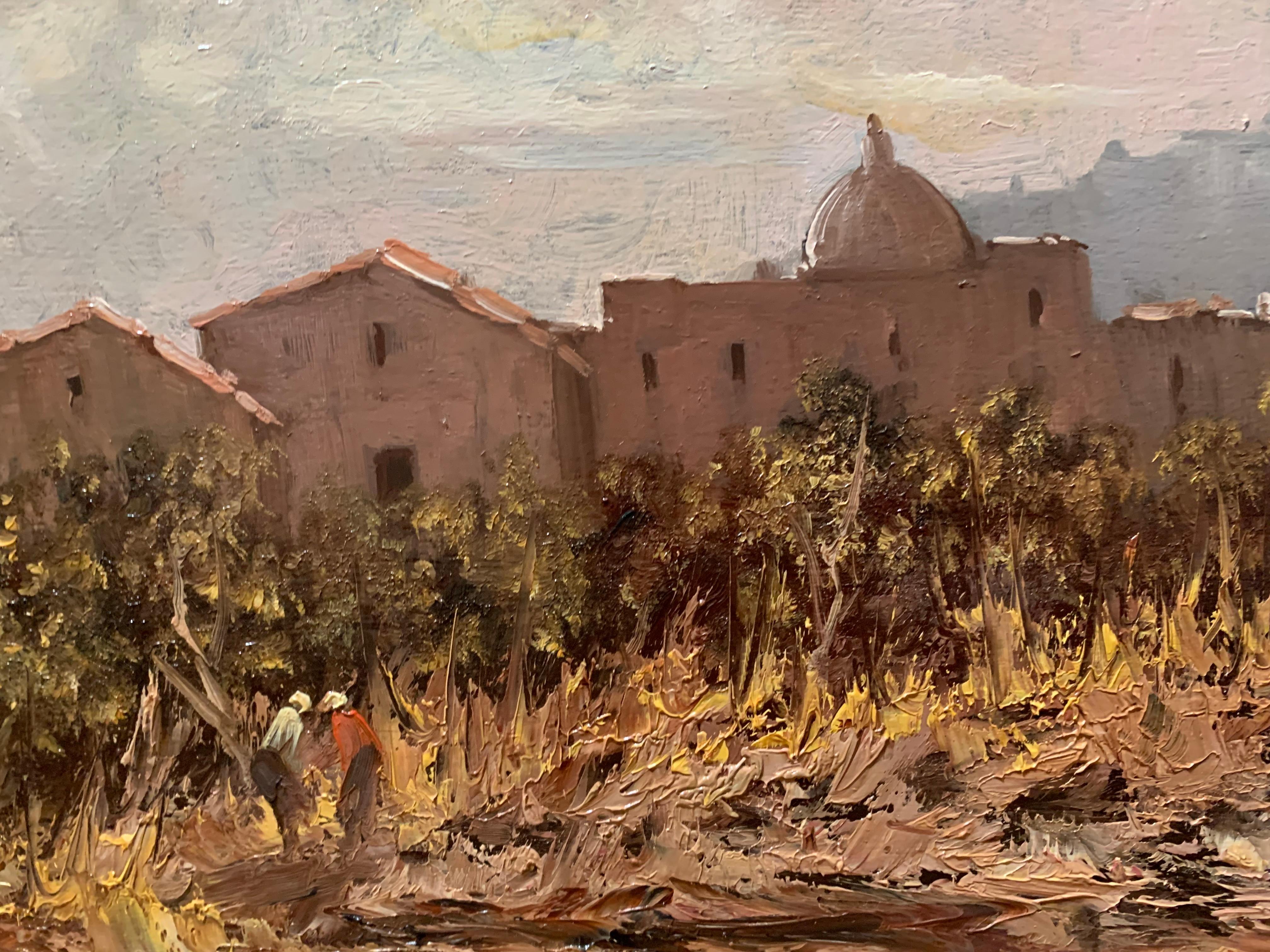 Sicilian landscape with peasants in the vineyard.
A rural landscape, with a vegetable garden and vineyard in the foreground, in the background a church, reminiscent of Sicilian architecture. In the distance you can see the village on top of a
