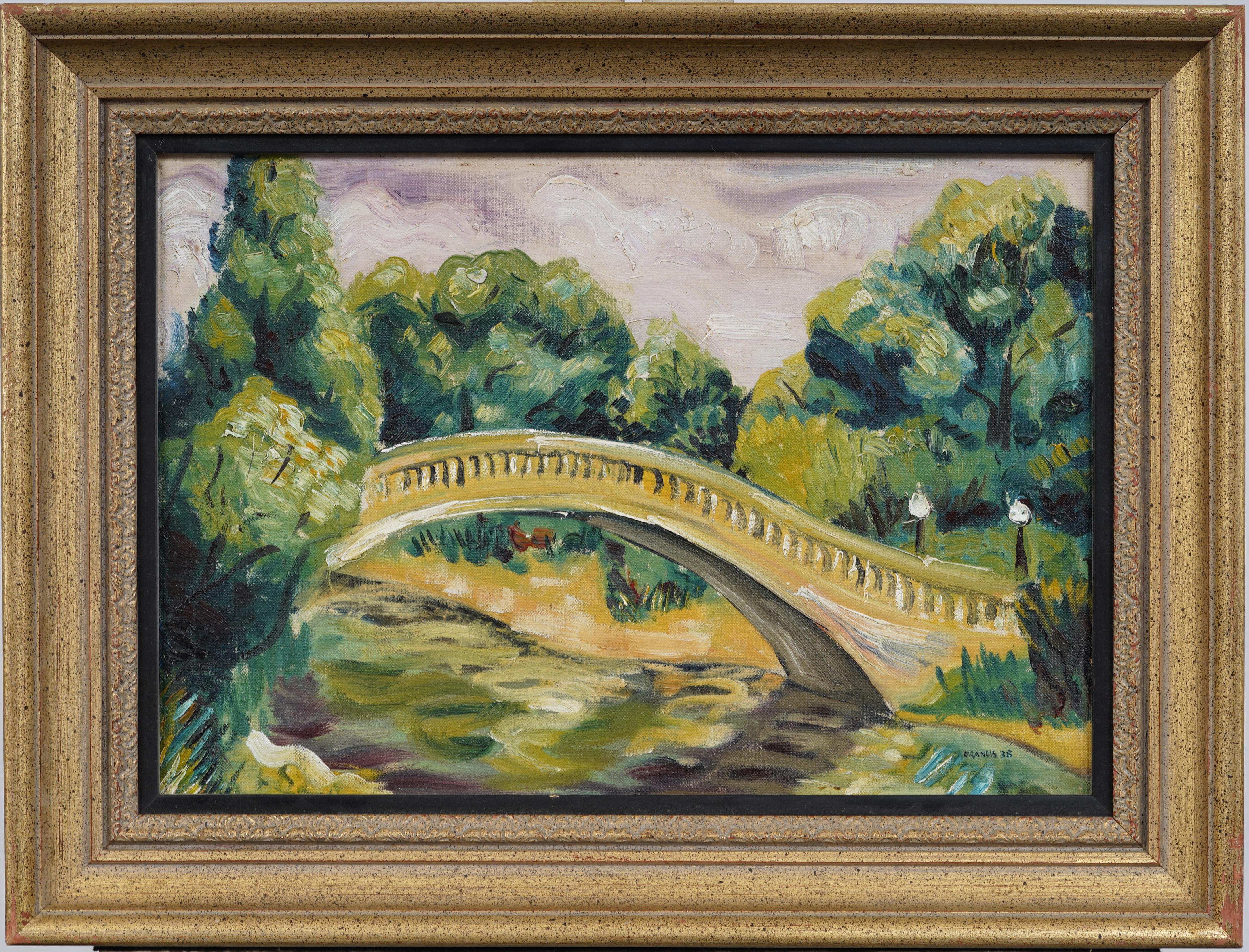 Pintura al óleo enmarcada Paisaje modernista americano Puente de Central Park firmada en 1938 - Painting de Unknown