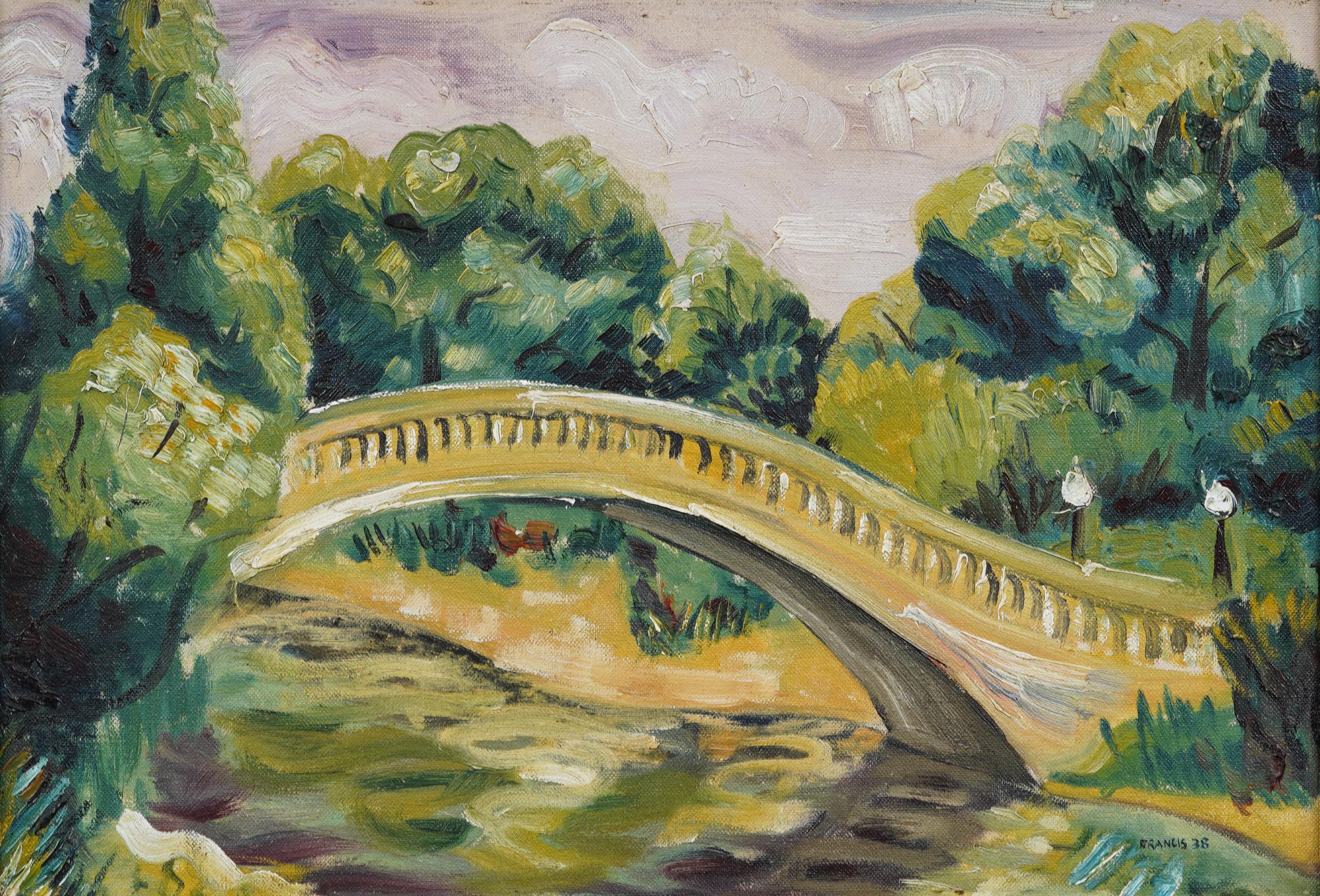 Pintura al óleo enmarcada Paisaje modernista americano Puente de Central Park firmada en 1938 - Painting Moderno de Unknown