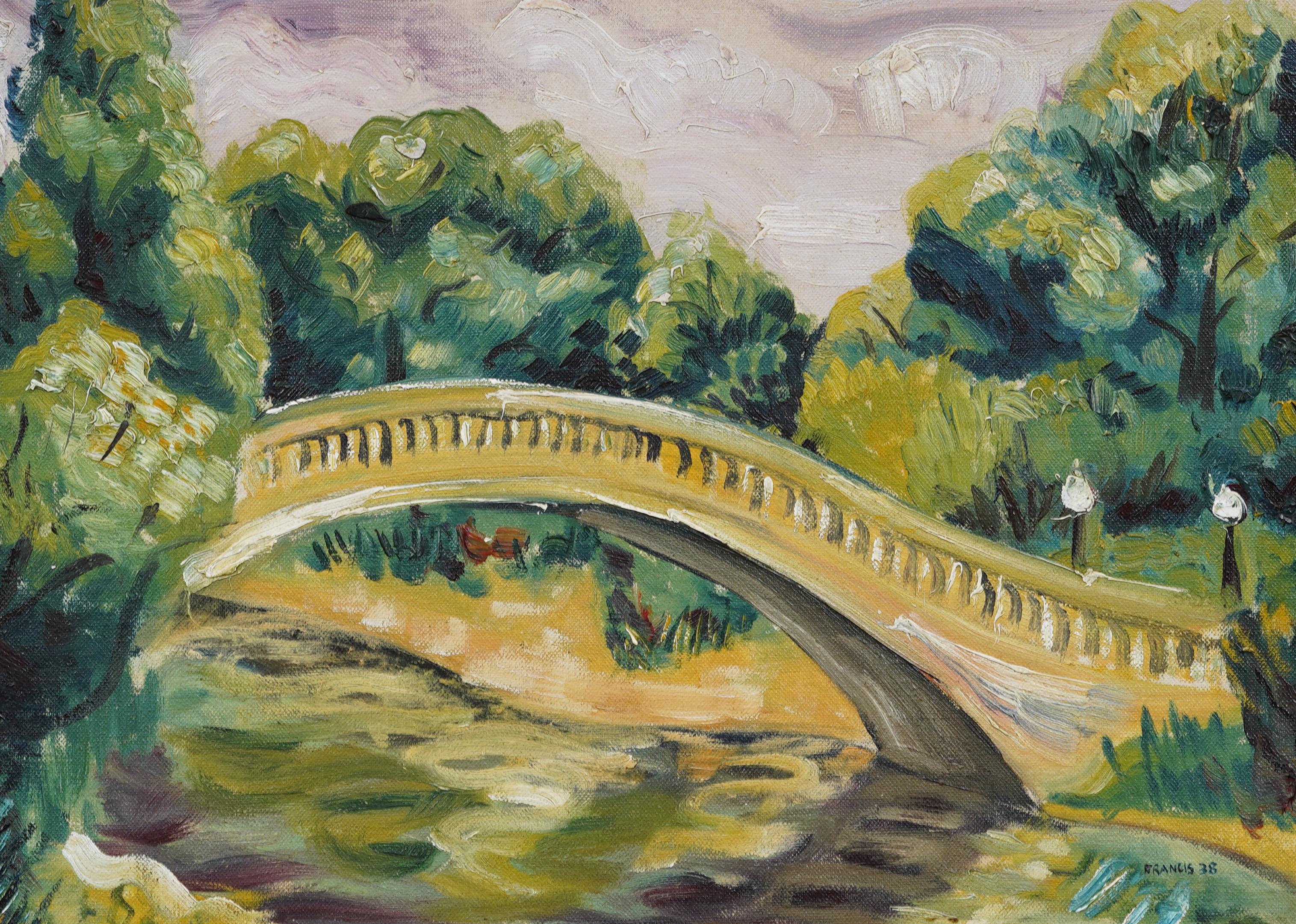 Pintura al óleo enmarcada Paisaje modernista americano Puente de Central Park firmada en 1938 - Landscape Painting Marrón de Unknown
