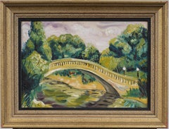 Signed 1938 American Modernist Landscape Central Park Bridge Framed Oil Painting