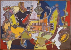 Signed 1956 Antique American School Modernist Abstract Indian Space Oil Painting