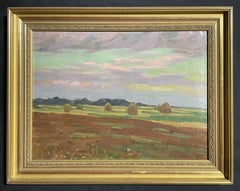 SIGNED 20TH CENTURY EUROPEAN IMPRESSIONIST OIL - HAYSTACKS UNDER SUNSET SKY