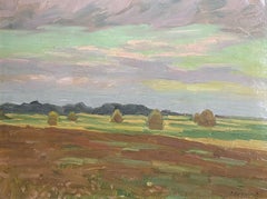 SIGNED 20TH CENTURY EUROPEAN IMPRESSIONIST OIL - HAYSTACKS UNDER SUNSET SKY
