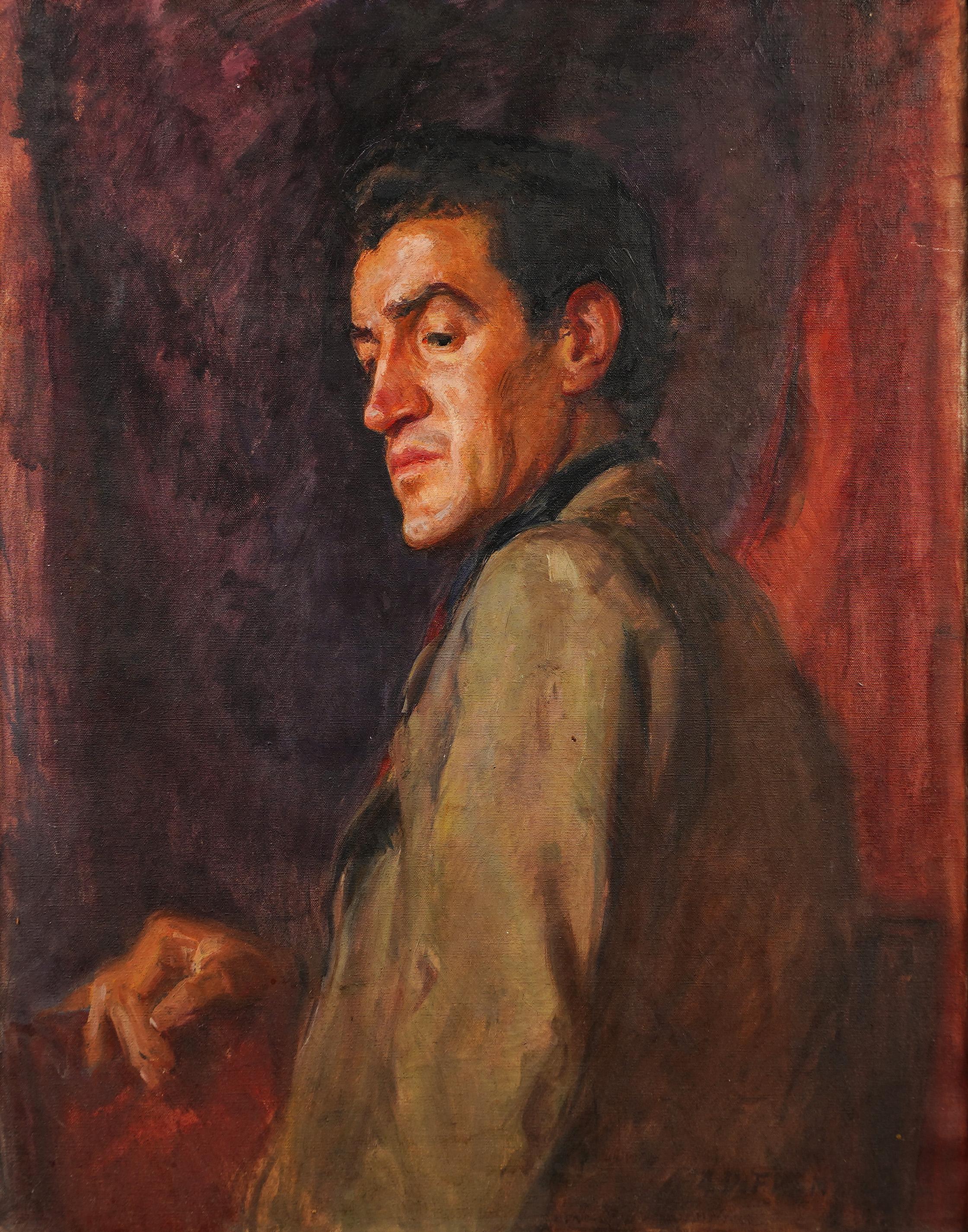 Retrato Masculino Guapo de la Escuela Americana Firmado Pintura al Óleo Original Enmarcada - Landscape Painting Marrón de Unknown