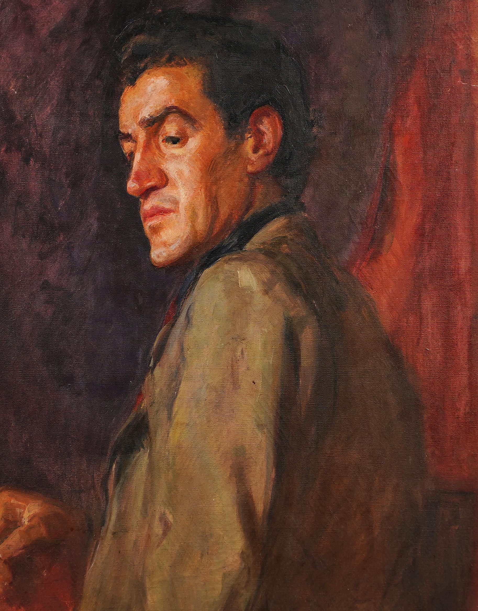 Retrato Masculino Guapo de la Escuela Americana Firmado Pintura al Óleo Original Enmarcada en venta 1