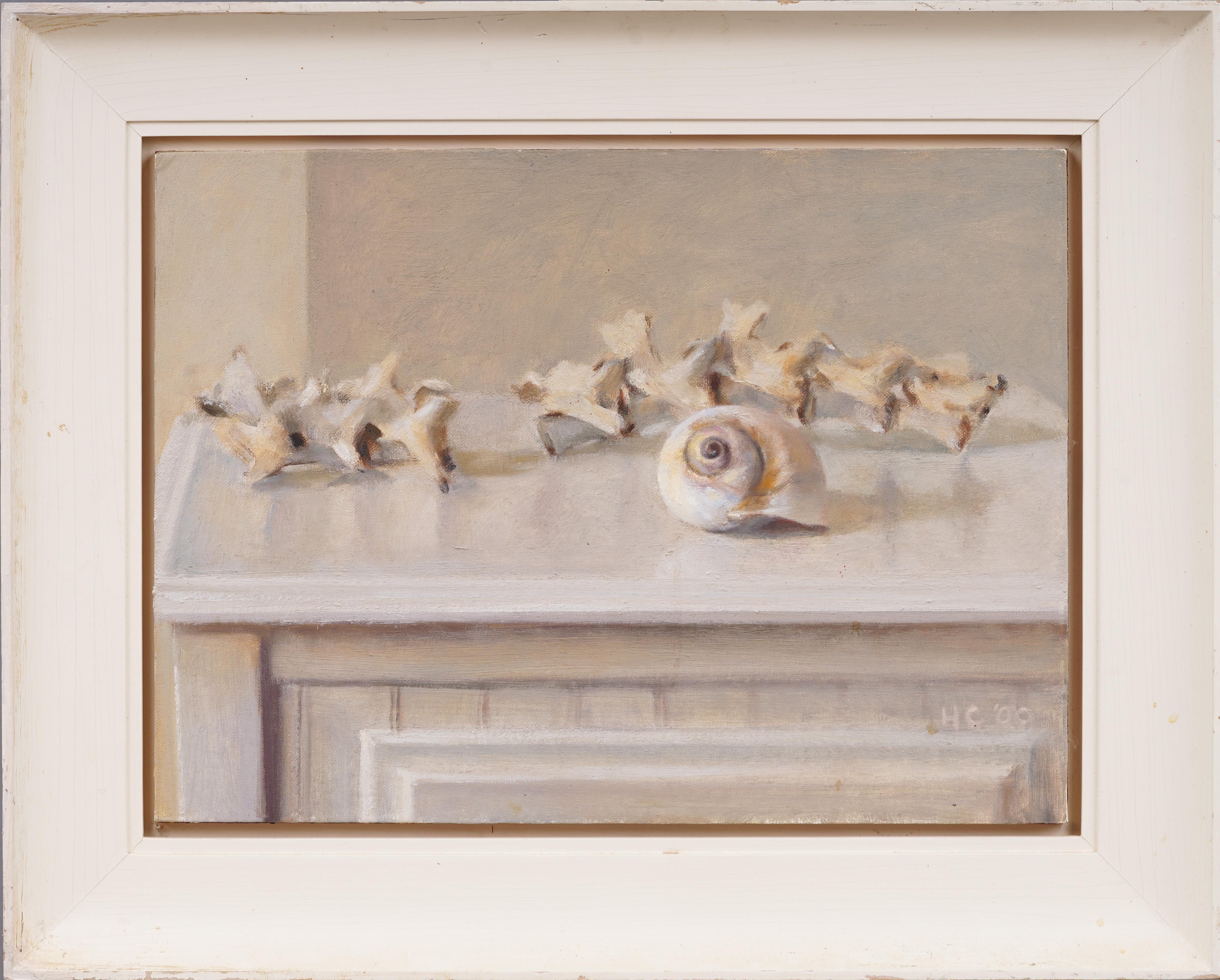 Unknown Interior Painting - Signed American School Modernist Seashell Minimalist Still Life Oil Painting