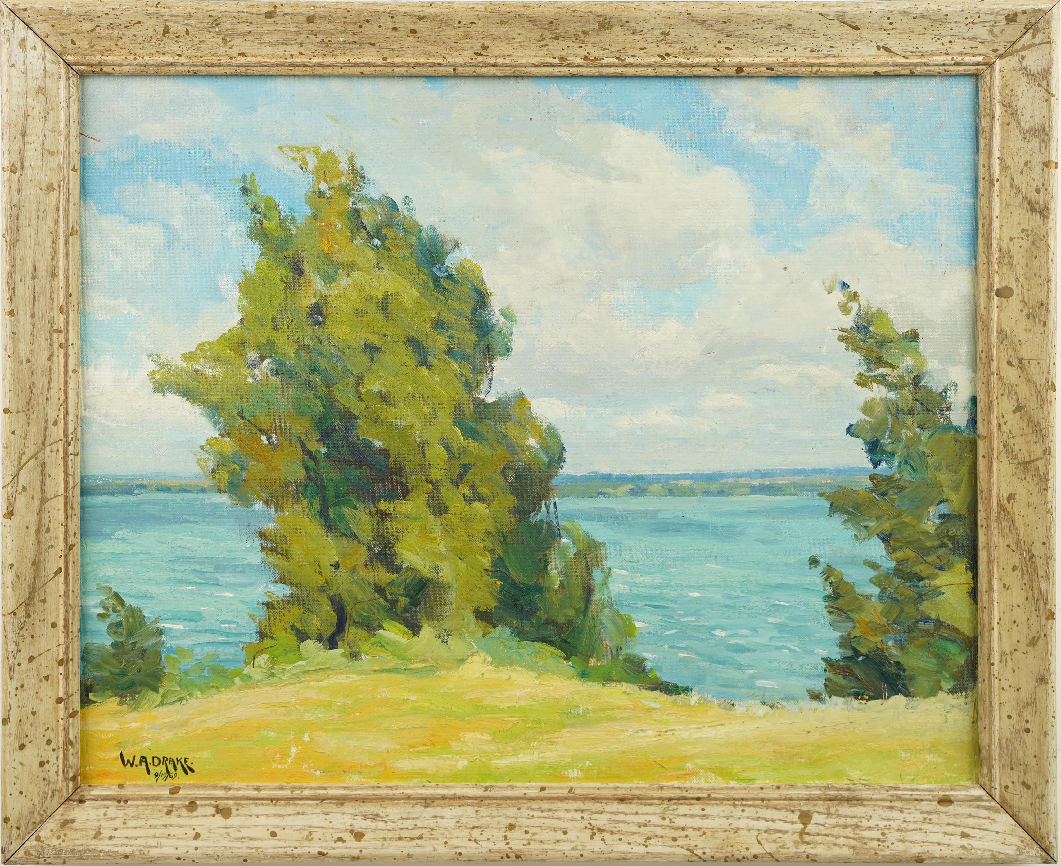 Signed American School Panoramic Summer Lake View Serene Landscape Oil Painting - Beige Landscape Painting by Unknown