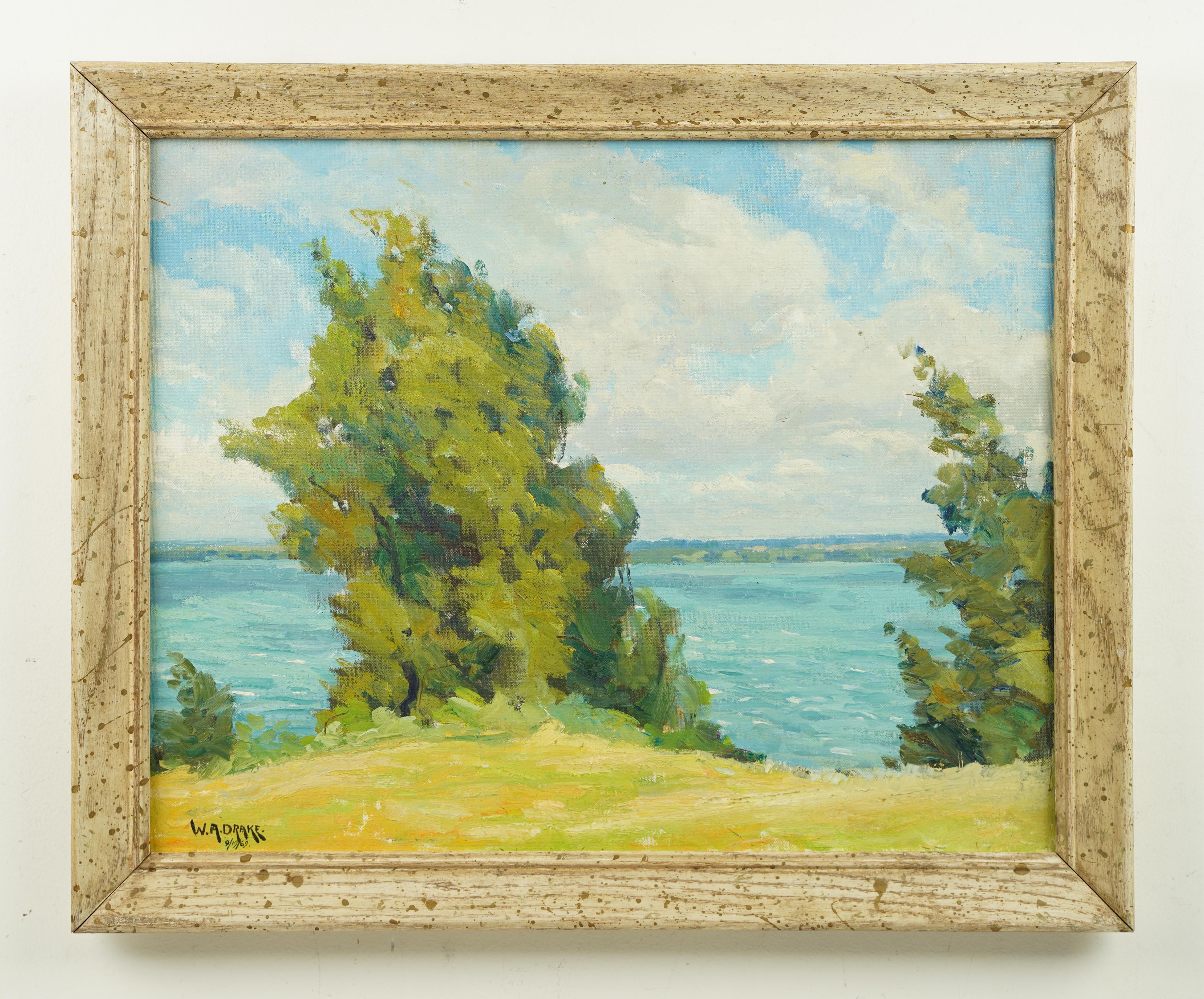 Antique American impressionist seascape signed oil painting.  Oil on board.  Signed.  Framed.  Image size, 20L x 16H.